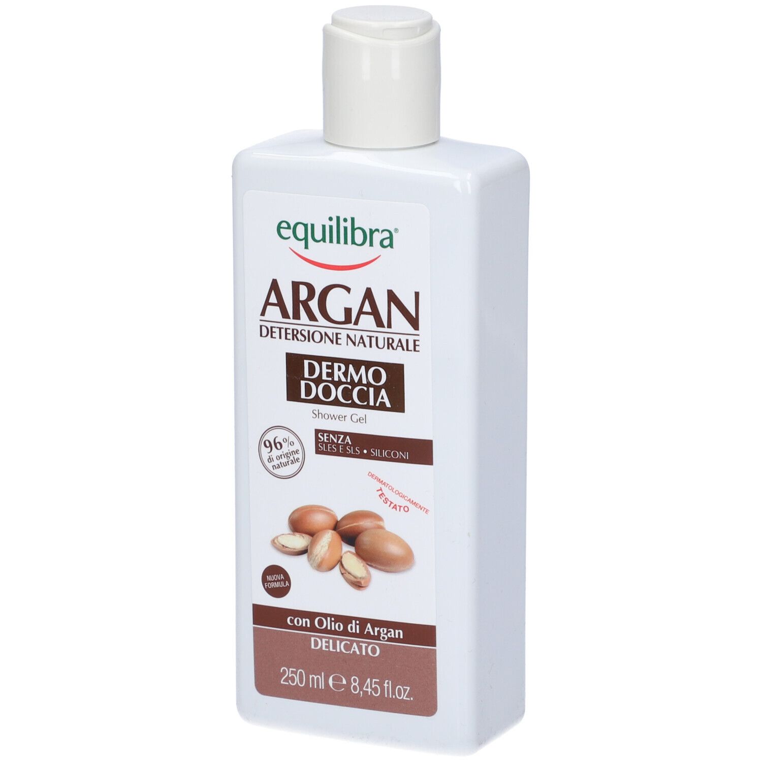 Flacone bianco rettangolare con tappo bianco. Scritta: Equilibra Argan Dermo Doccia. Illustrazione di semi di argan.