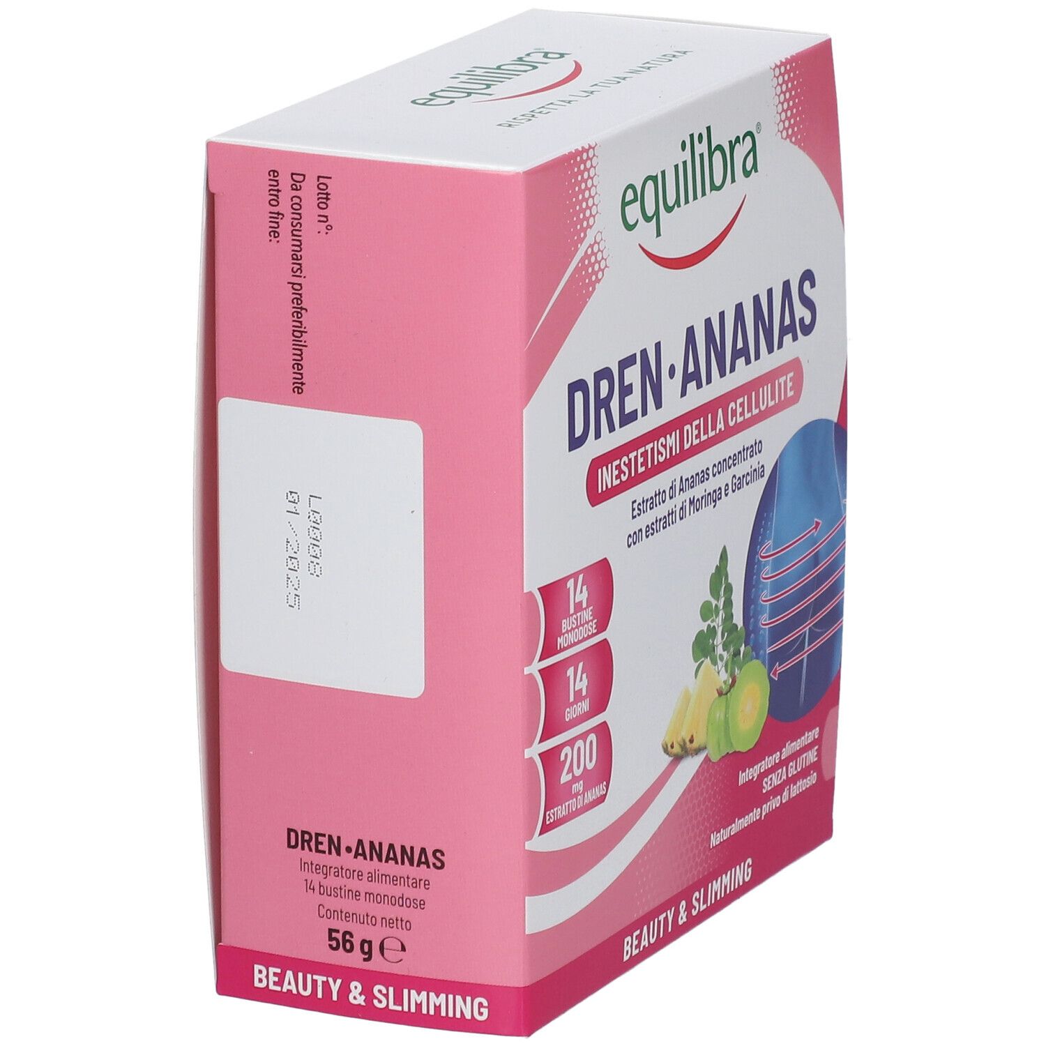 Confezione del prodotto in vista obliqua. Contiene il nome del prodotto, il logo e informazioni. Design rosa e bianco.