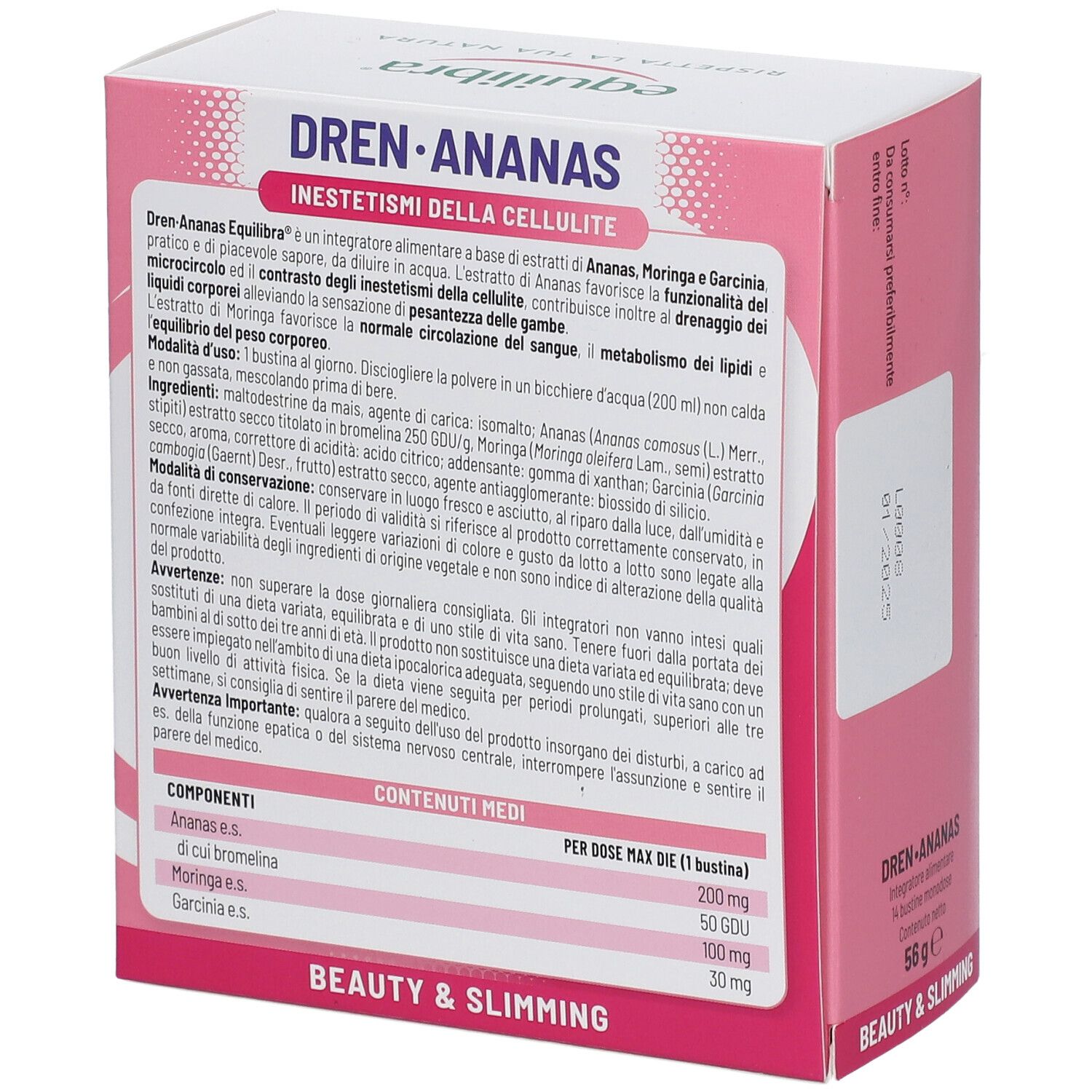 Retro della confezione del prodotto con ingredienti e informazioni. Contiene informazioni su ingredienti, dosaggio e avvertenze.