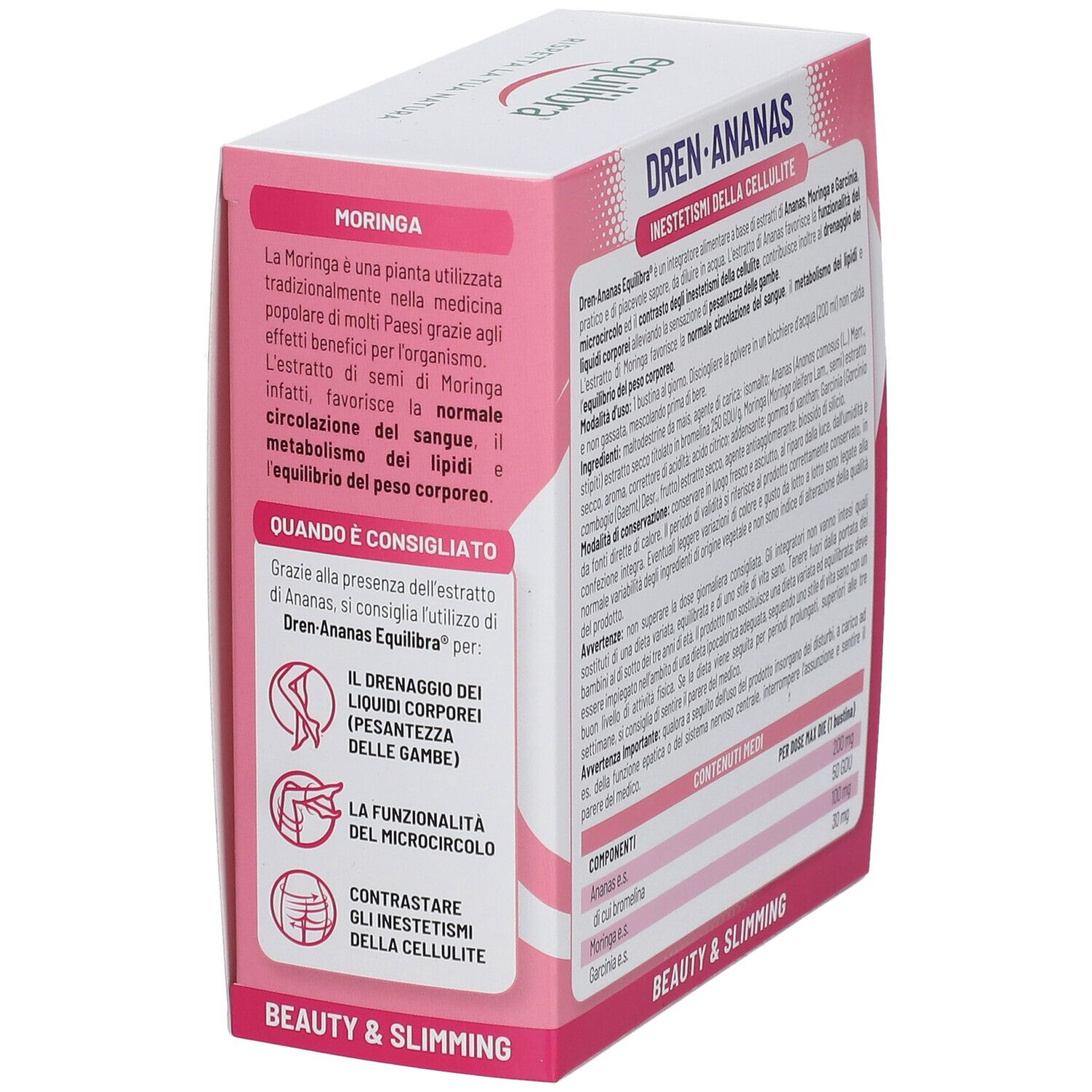 Lato della confezione del prodotto con informazioni sulla Moringa. Descrive i benefici della Moringa e l'uso raccomandato.