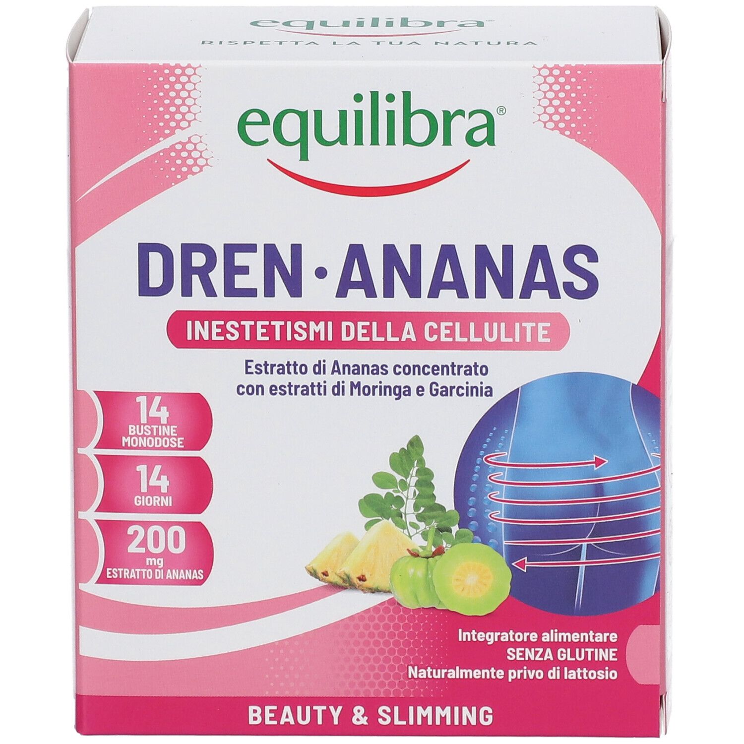 Confezione del prodotto con logo e nome. Contiene 14 bustine, 14 giorni e 200 mg di estratto di ananas. Con illustrazione di ananas e piante.