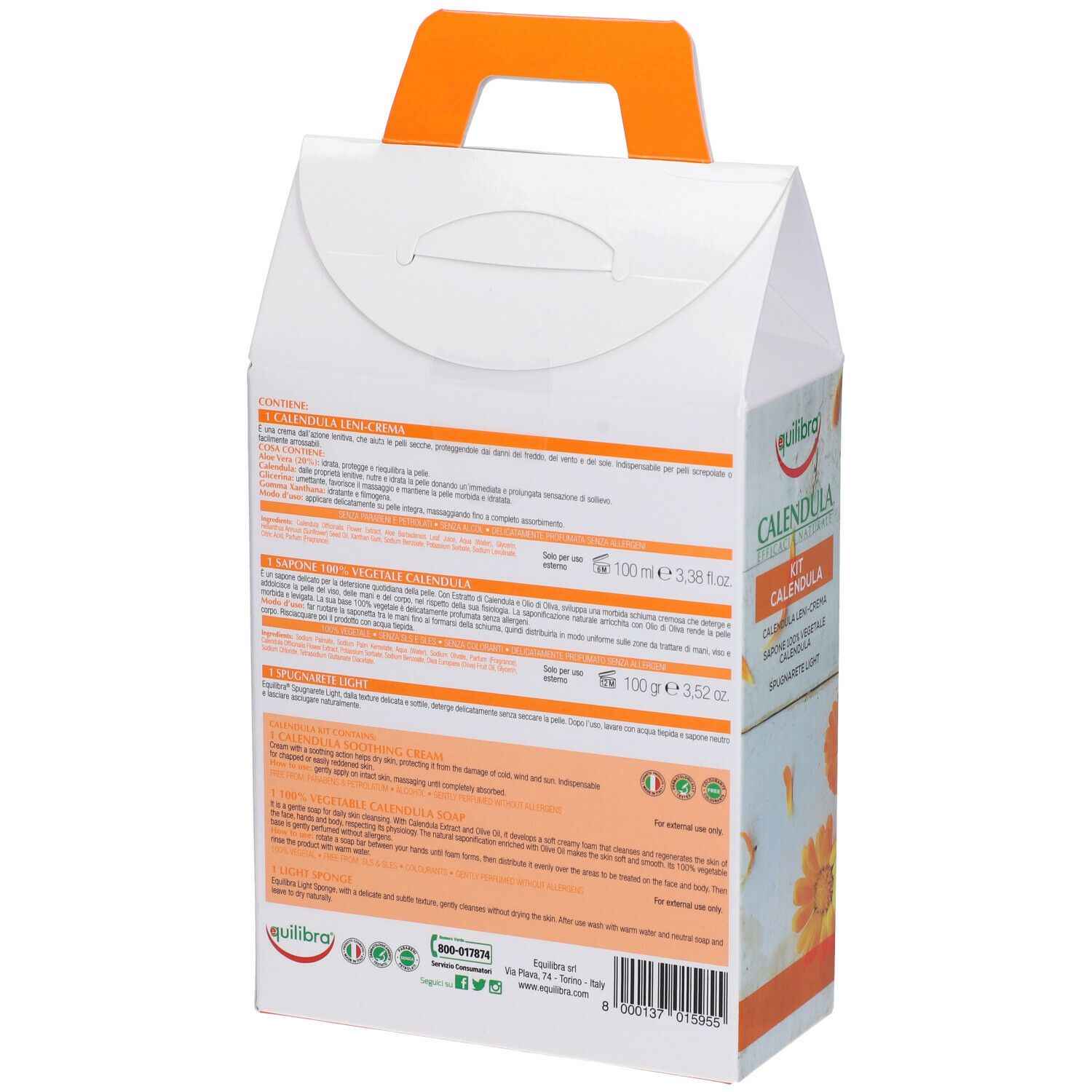 Retro del kit Equilibra® Calendula. Contiene informazioni sul prodotto e ingredienti. Con manico e fiori.