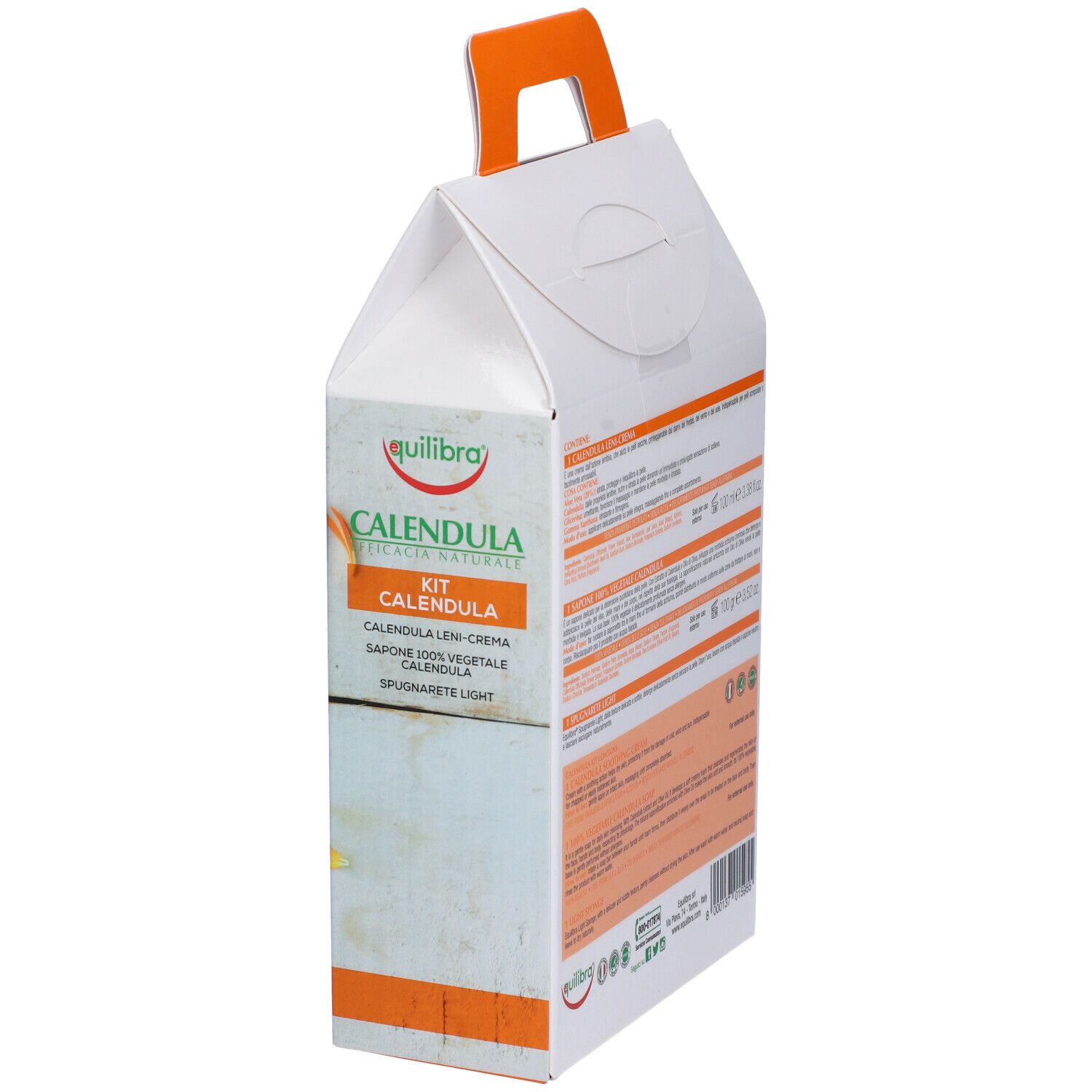 Vista laterale del kit Equilibra® Calendula. Mostra nome del prodotto e informazioni. Con manico e fiori.