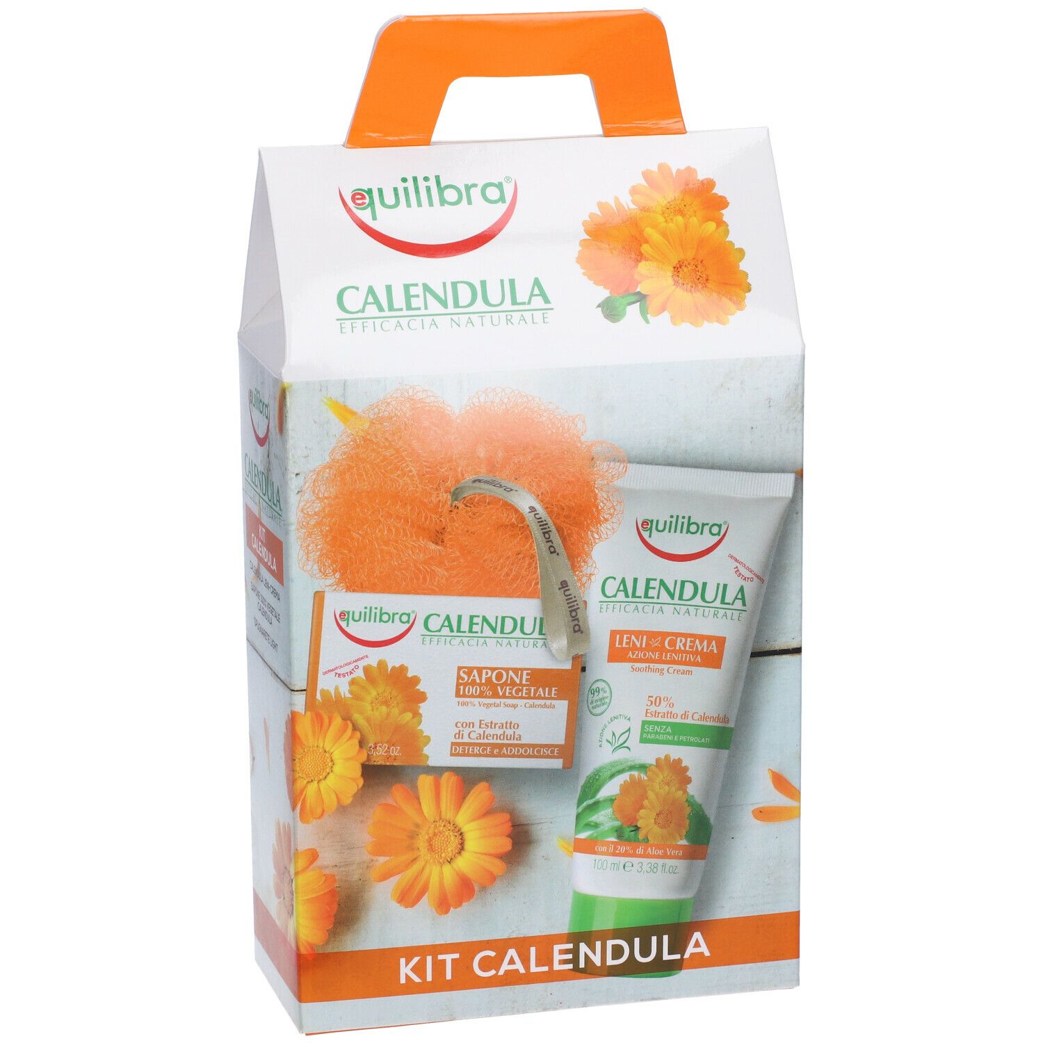 Kit Equilibra® Calendula con crema, sapone e spugna. Confezione regalo con manico e decorazioni floreali.