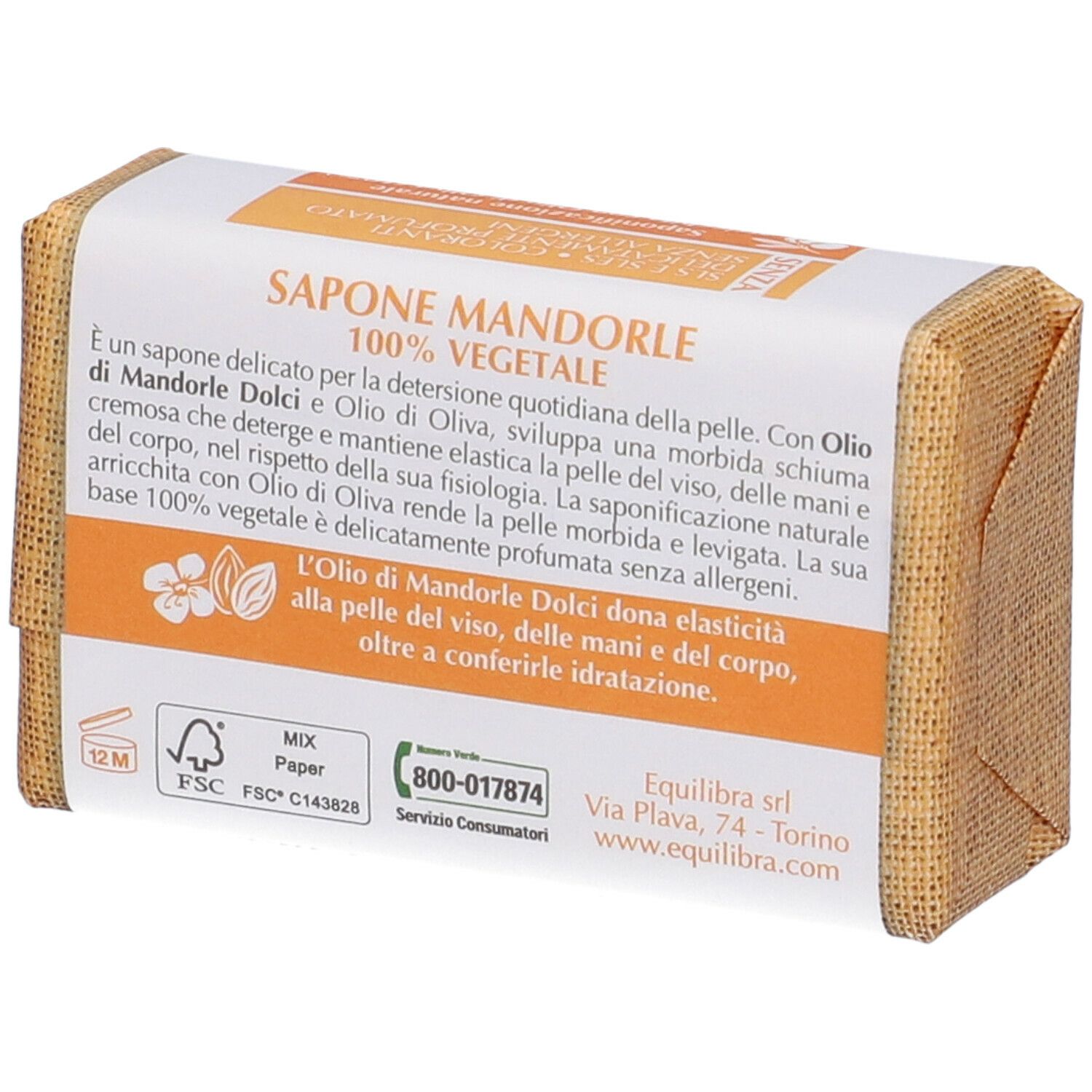 Retro della confezione del sapone. Testo in italiano. Loghi: FSC, Mix Paper, 12M. Informazioni di contatto e sito web.