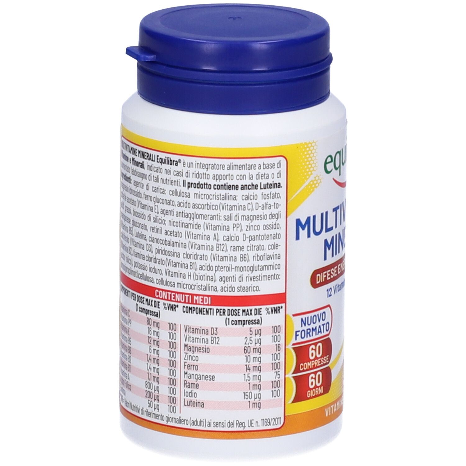 Retro del flacone. Testo con ingredienti e informazioni nutrizionali. Contiene 12 vitamine e 6 minerali.