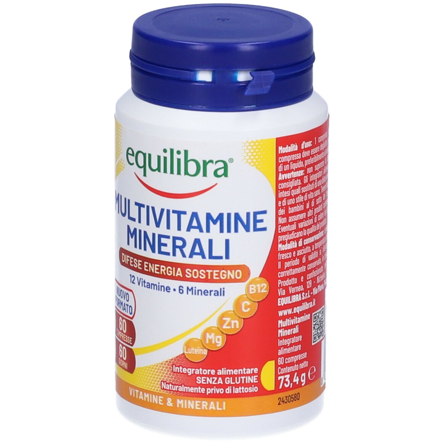 Fronte del flacone. Scritta: Equilibra Multivitamine Minerali. 60 compresse, 12 vitamine, 6 minerali.