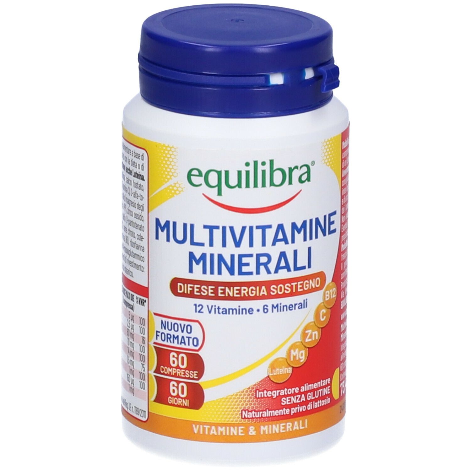 Flacone bianco, tappo blu. Scritta: Equilibra Multivitamine Minerali. 60 compresse, 12 vitamine, 6 minerali.