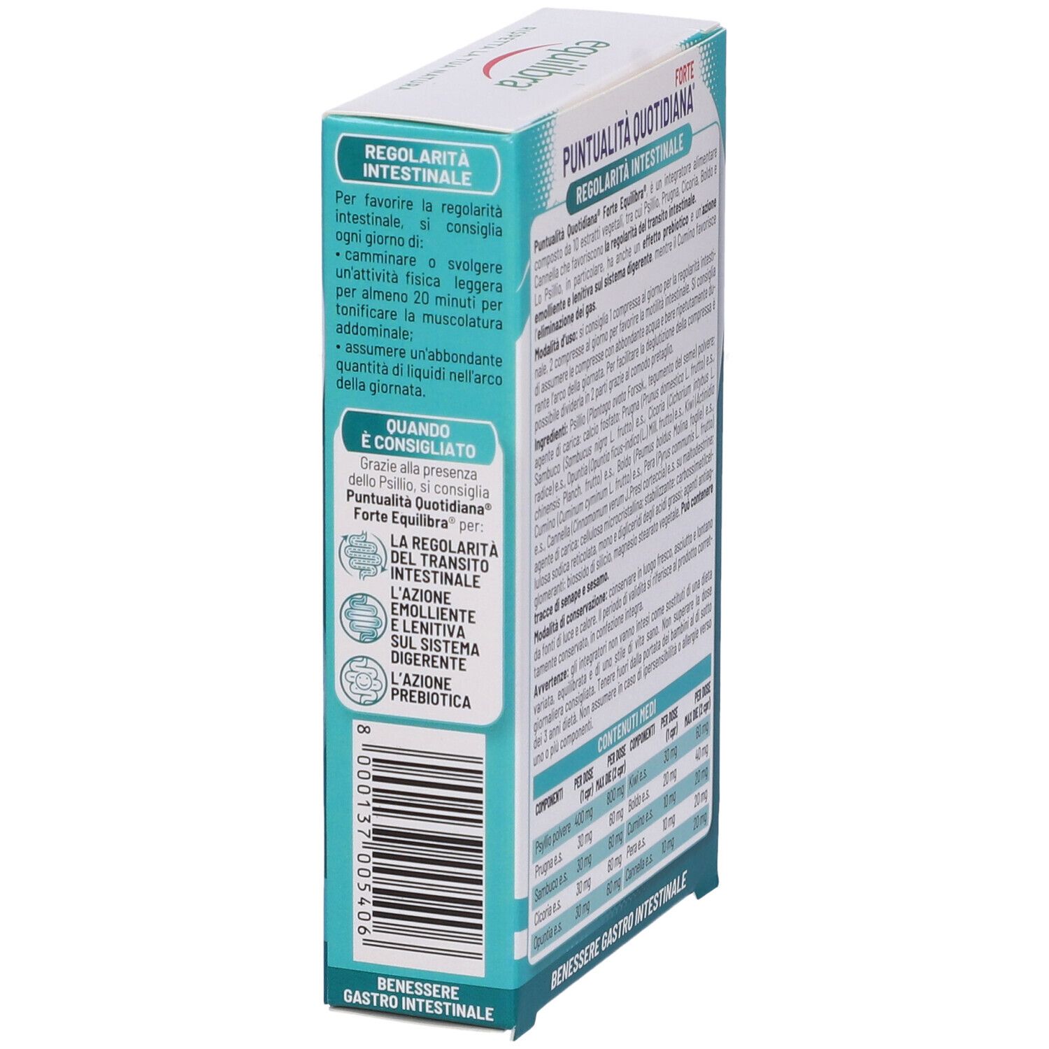 Vista laterale della confezione Equilibra Forte. Testo: Puntualità Quotidiana, raccomandazioni, ingredienti.