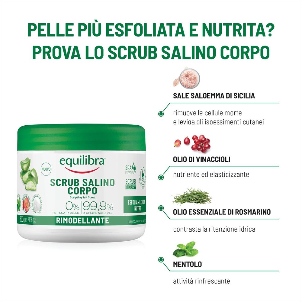 Equilibra Scrub Salino Corpo in vaso bianco con coperchio verde.