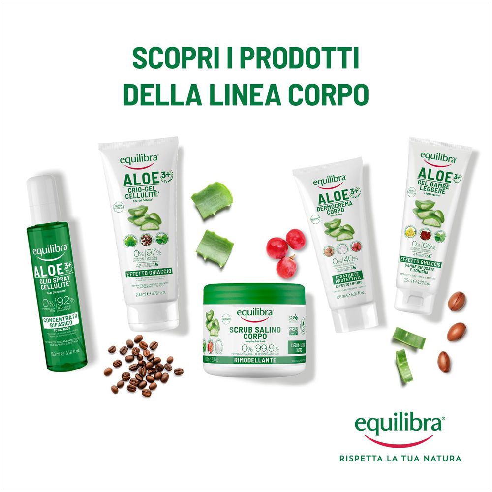 Cinque prodotti per la cura del corpo Equilibra, tra cui creme, uno scrub e uno spray, con aloe vera e altri ingredienti naturali.