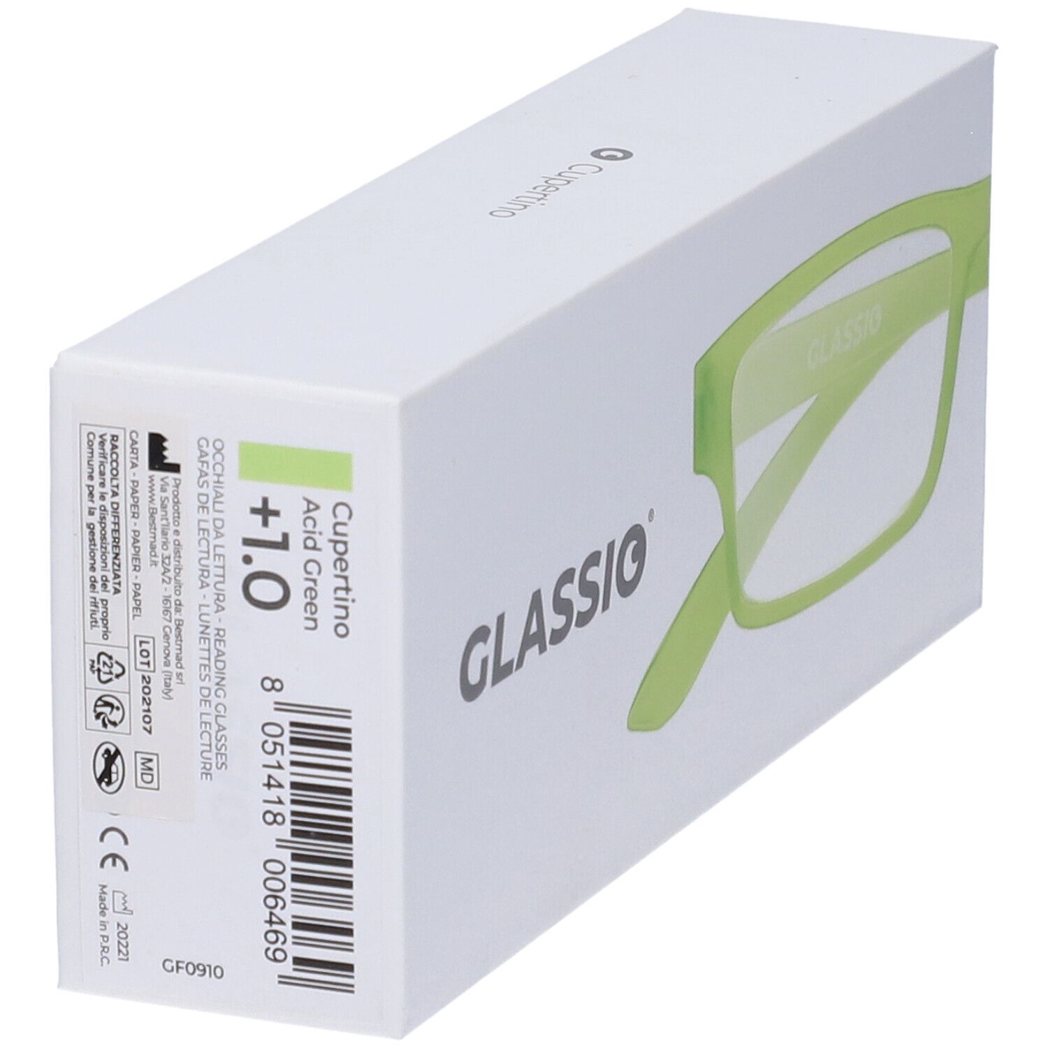 Scatola bianca con occhiali. Stampato: GLASSio, Cupertino, +1.0, Acid Green. Con marchio CE.