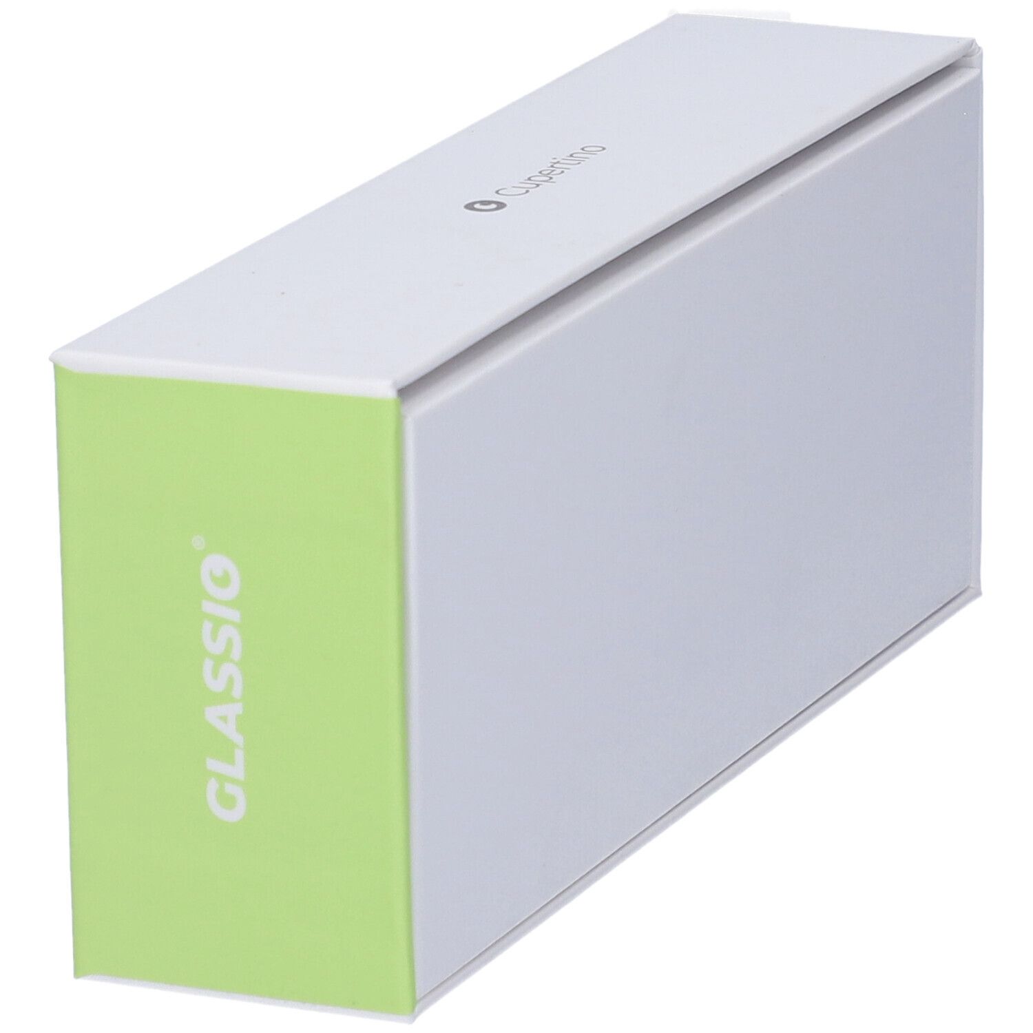 Scatola bianca con lato verde. Stampato: GLASSio. Vista prospettica.
