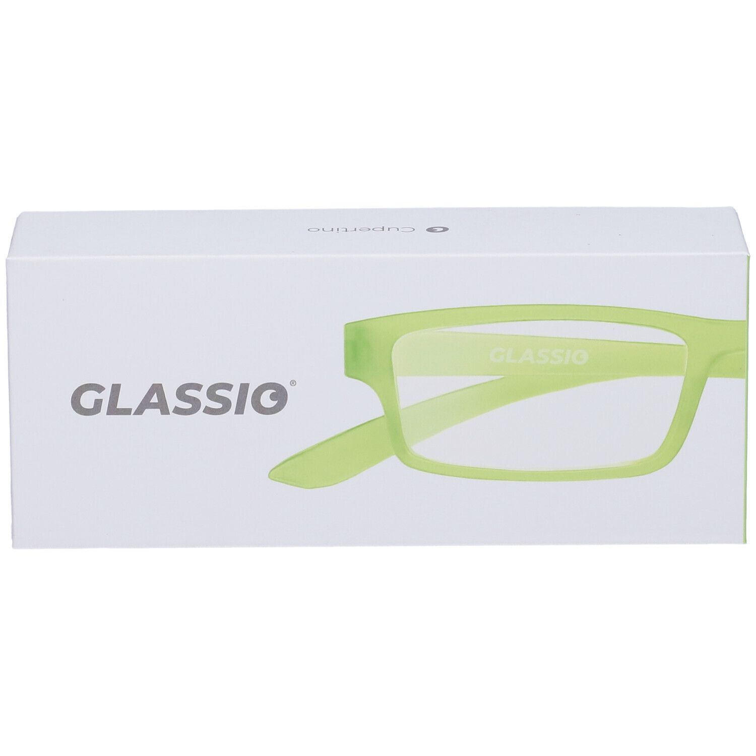 Scatola bianca con contorno occhiali verdi. Stampato: GLASSio. Vista prospettica.