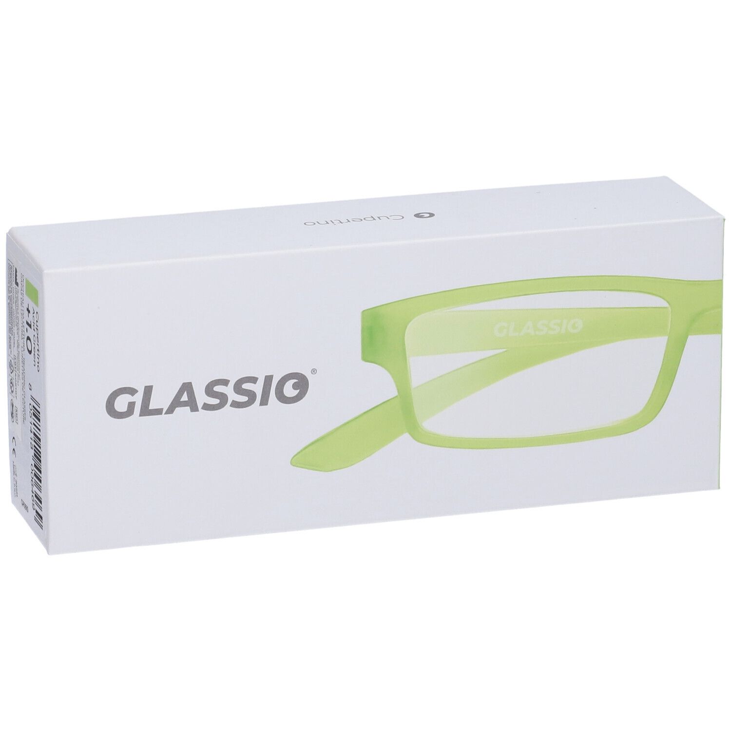 Scatola bianca con contorno occhiali verdi. Stampato: GLASSio e informazioni sul prodotto.