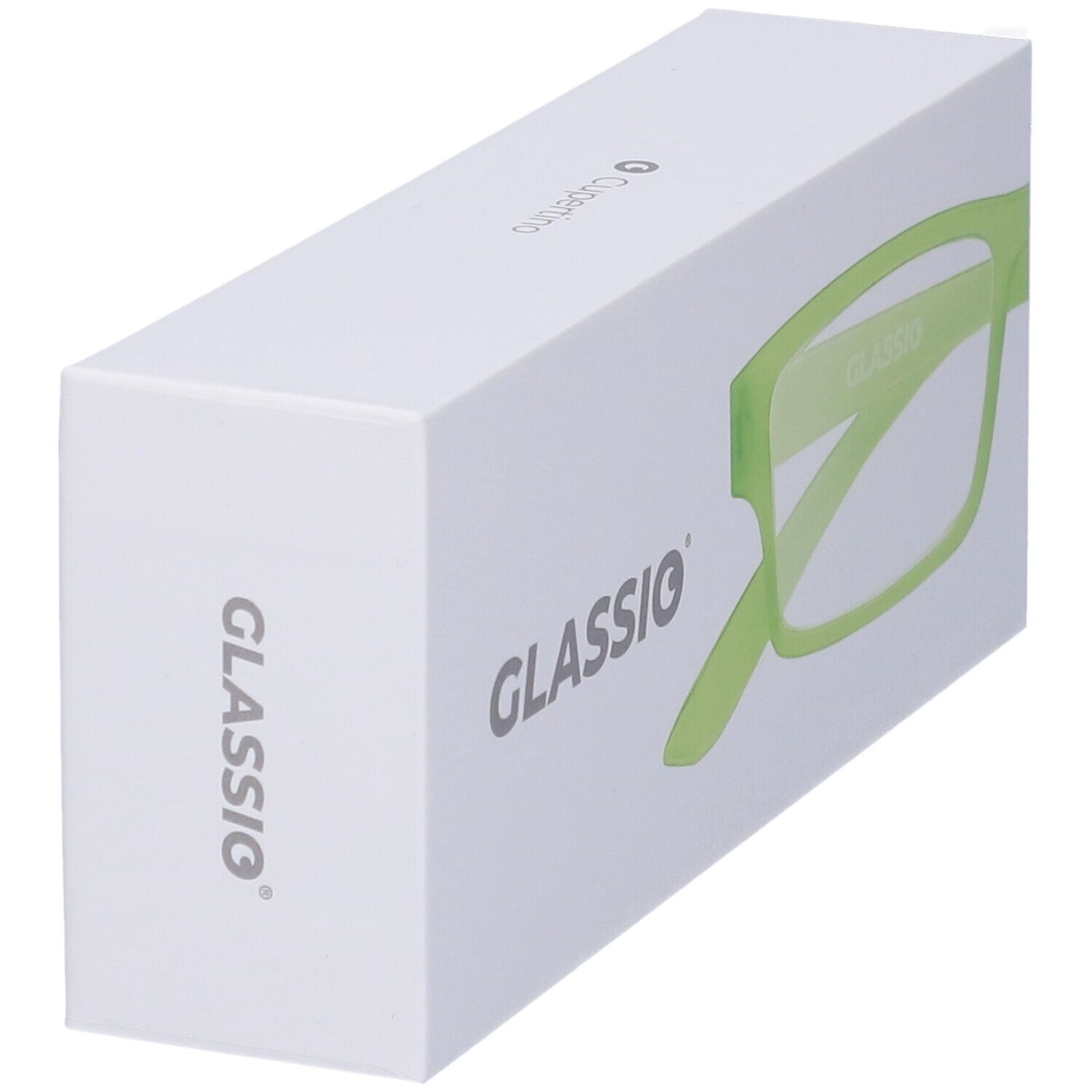 Confezione bianca con modello di occhiali verdi. Scritta GLASSIO. Vista prospettica.