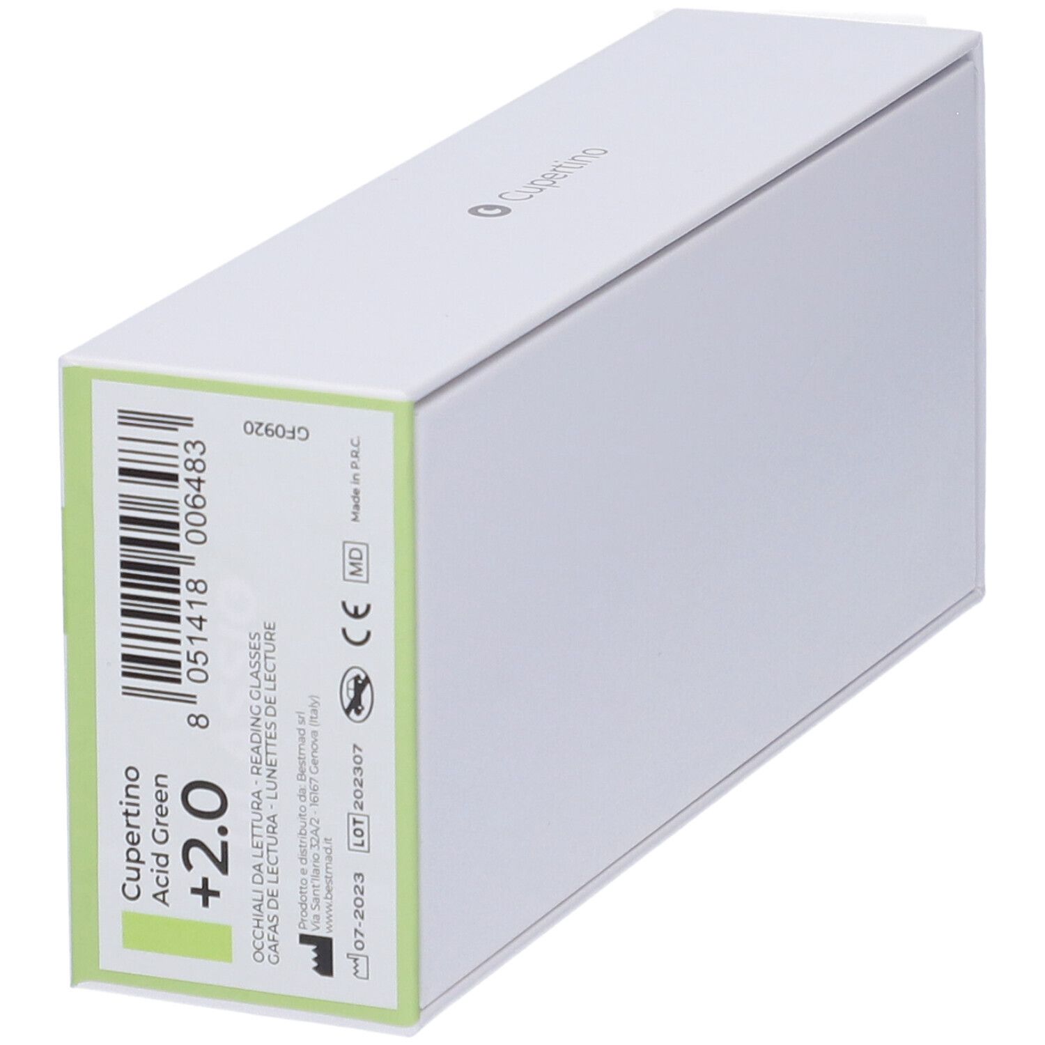 Confezione bianca con informazioni prodotto. Scritta: Cupertino Acid Green +2.0. Dettagli e certificazioni.
