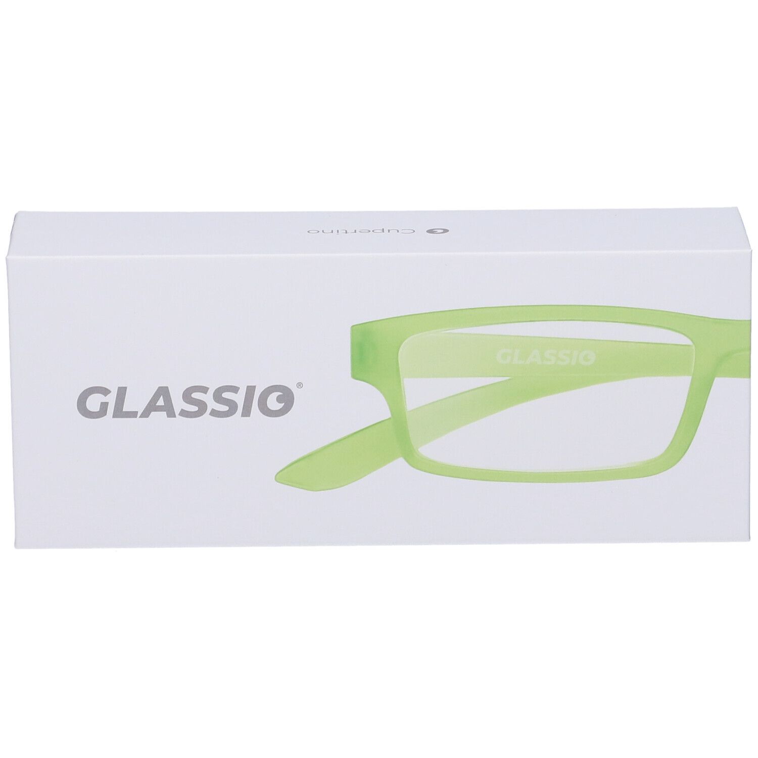 Confezione bianca con modello di occhiali verdi. Scritta GLASSIO. Vista prospettica.