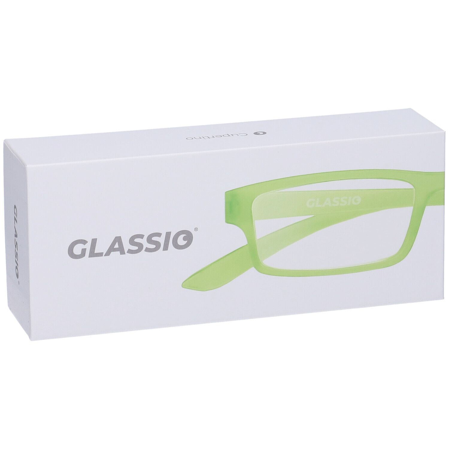 Confezione bianca con modello di occhiali verdi. Scritta GLASSIO. Vista prospettica.