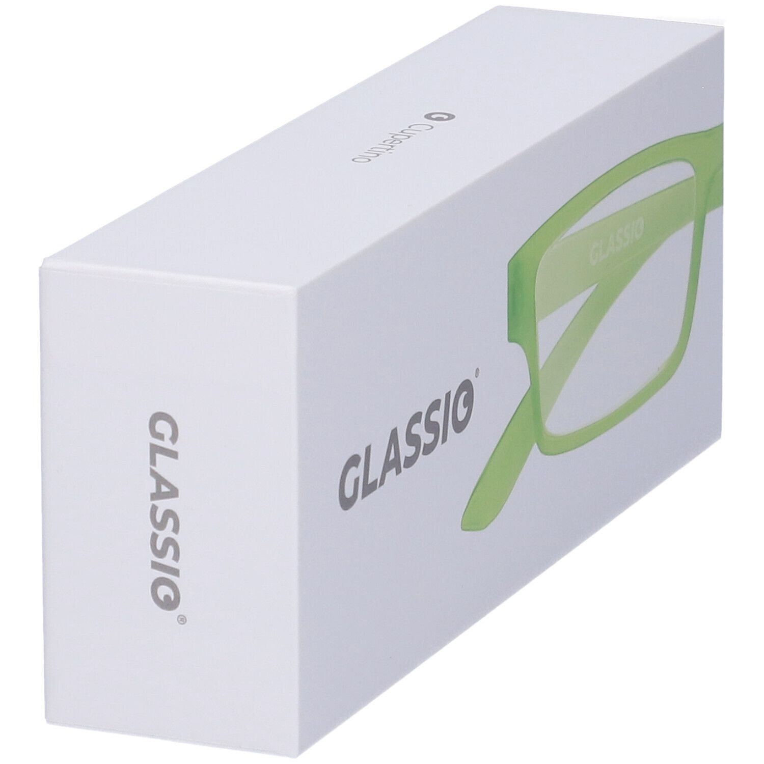 Confezione bianca con occhiali verde chiaro. Stampa: GLASSio. La confezione è leggermente inclinata.