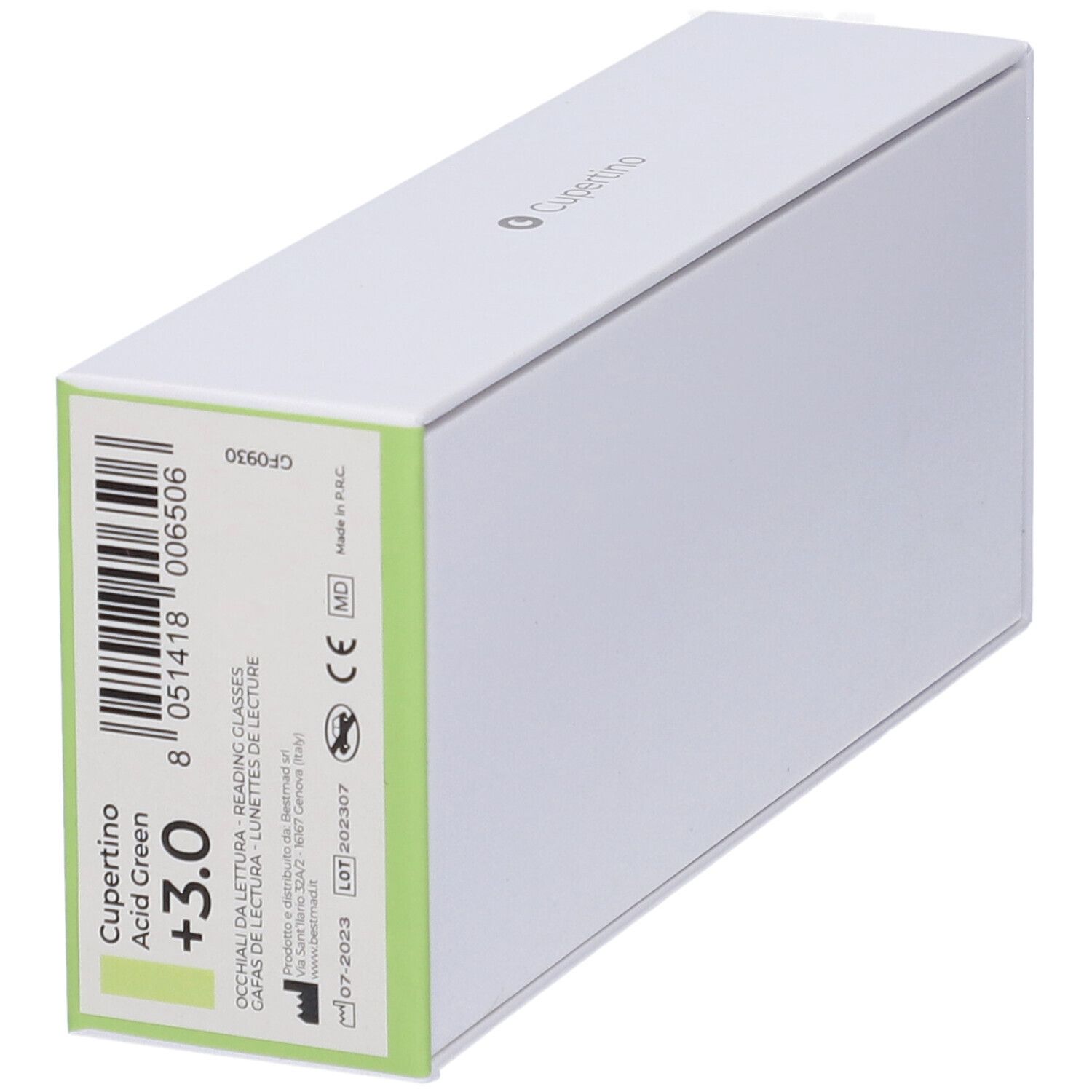 Confezione con informazioni sul prodotto. Stampa: Cupertino Acid Green +3.0. Codice a barre e altre informazioni.