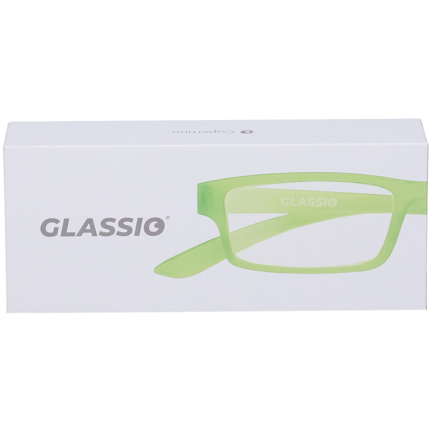 Confezione bianca con occhiali verde chiaro. Stampa: GLASSio. Gli occhiali sono raffigurati.