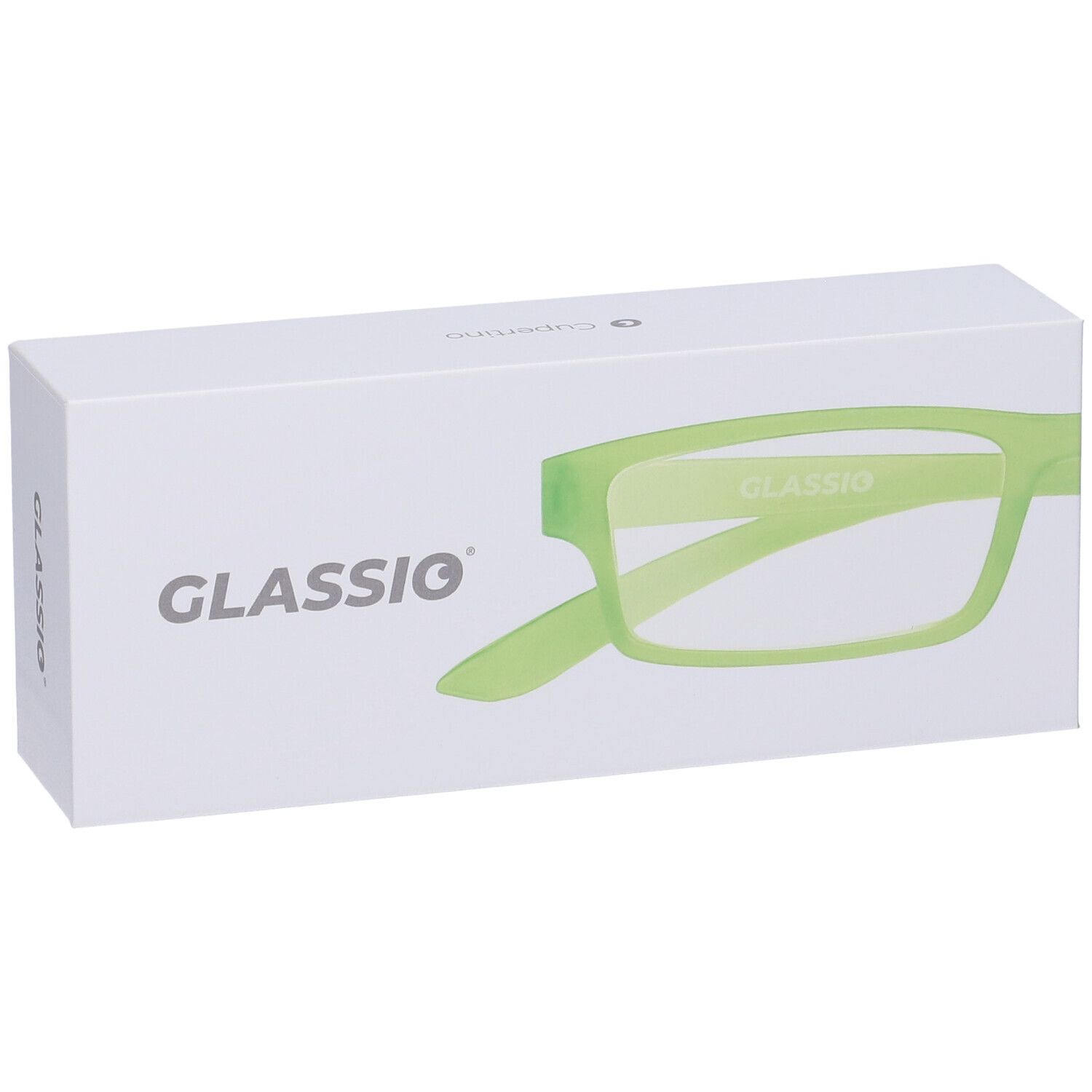 Confezione bianca con occhiali verde chiaro. Stampa: GLASSio. Gli occhiali sono raffigurati.