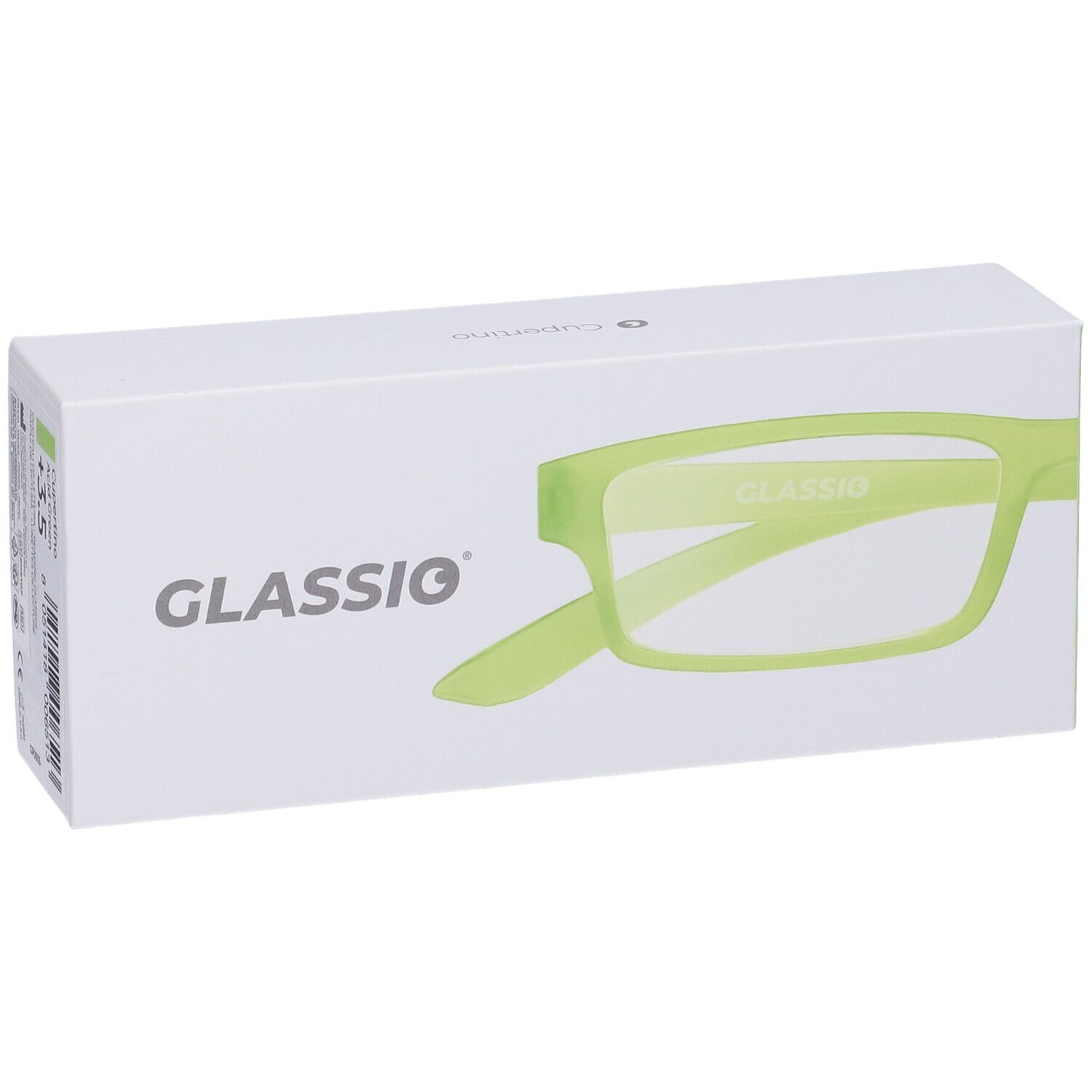 Confezione bianca con occhiali. Sulla confezione è scritto GLASSio. Gli occhiali sono verdi.