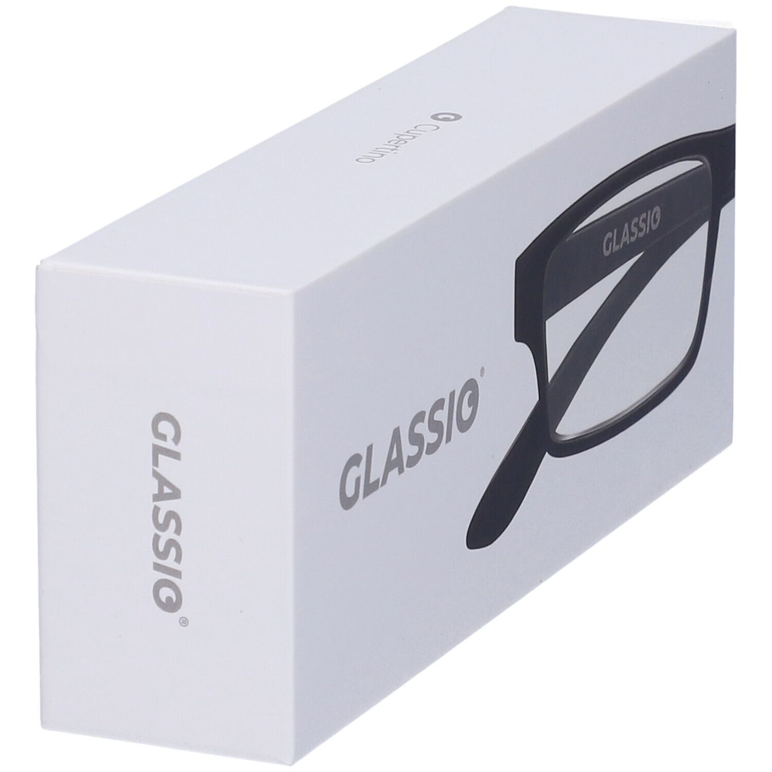 Confezione bianca con il nome "GLASSio". Gli occhiali sono parzialmente visibili.
