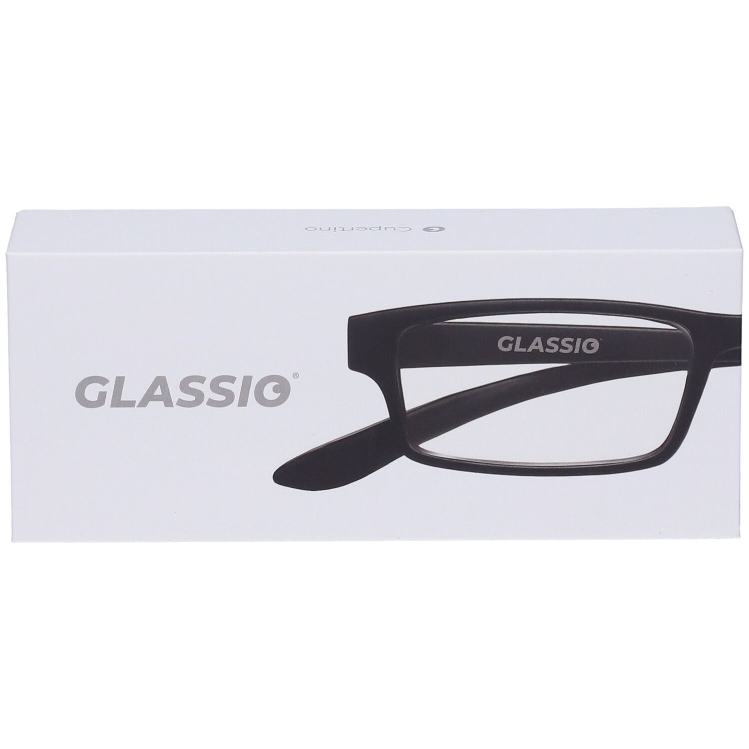 Confezione bianca con occhiali. Il nome "GLASSio" è visibile sulla confezione.