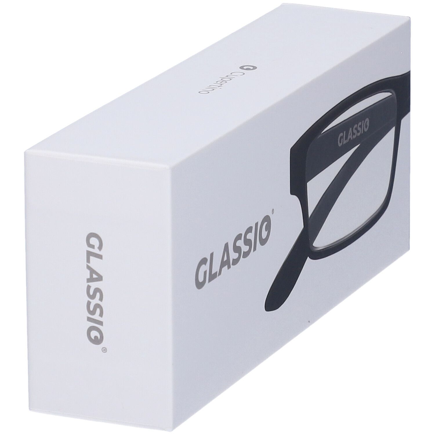 Confezione bianca con occhiali neri. Il marchio "GLASSIO" è visibile. Vista prospettica.