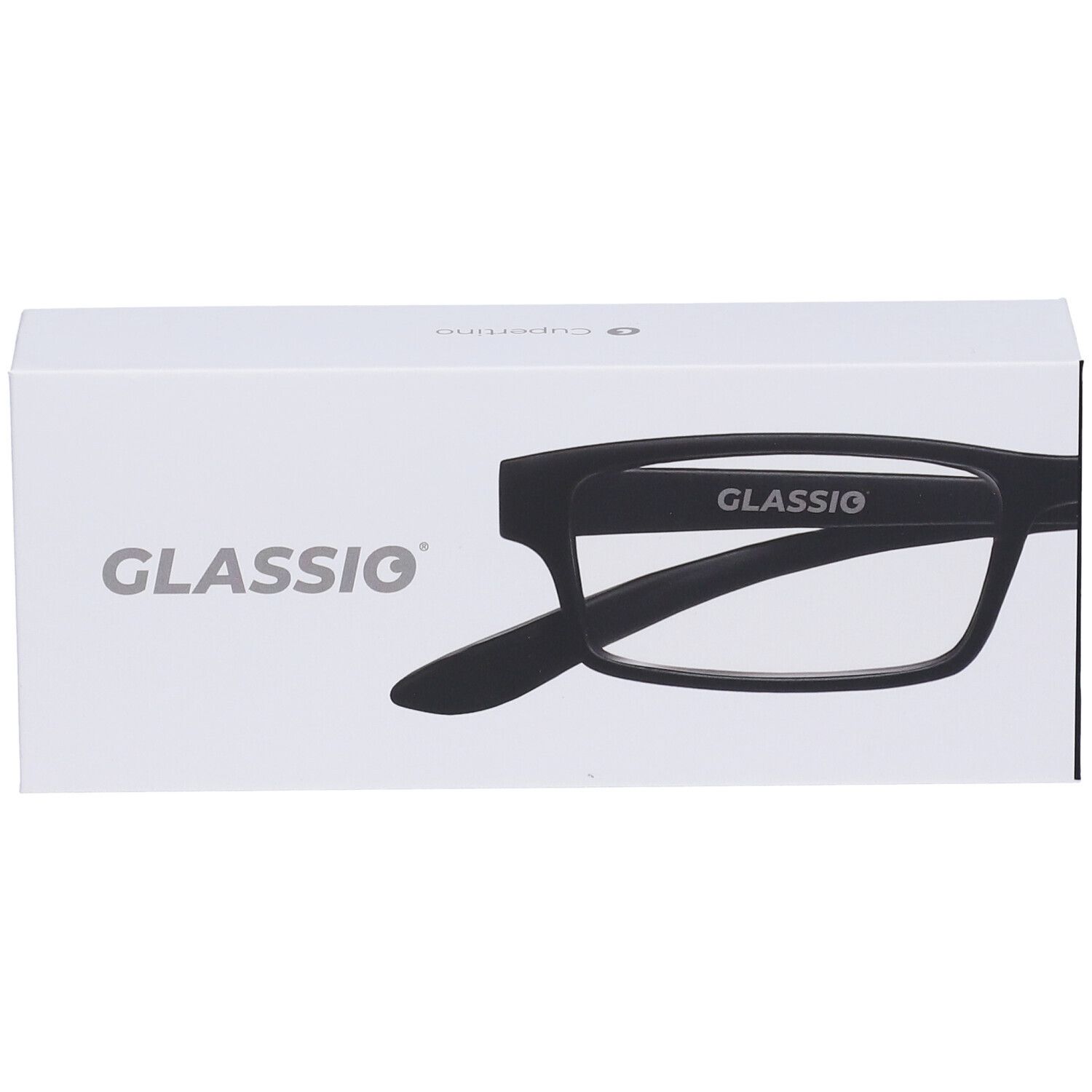 Occhiali in confezione bianca. Il marchio "GLASSIO" è visibile. Gli occhiali sono neri.