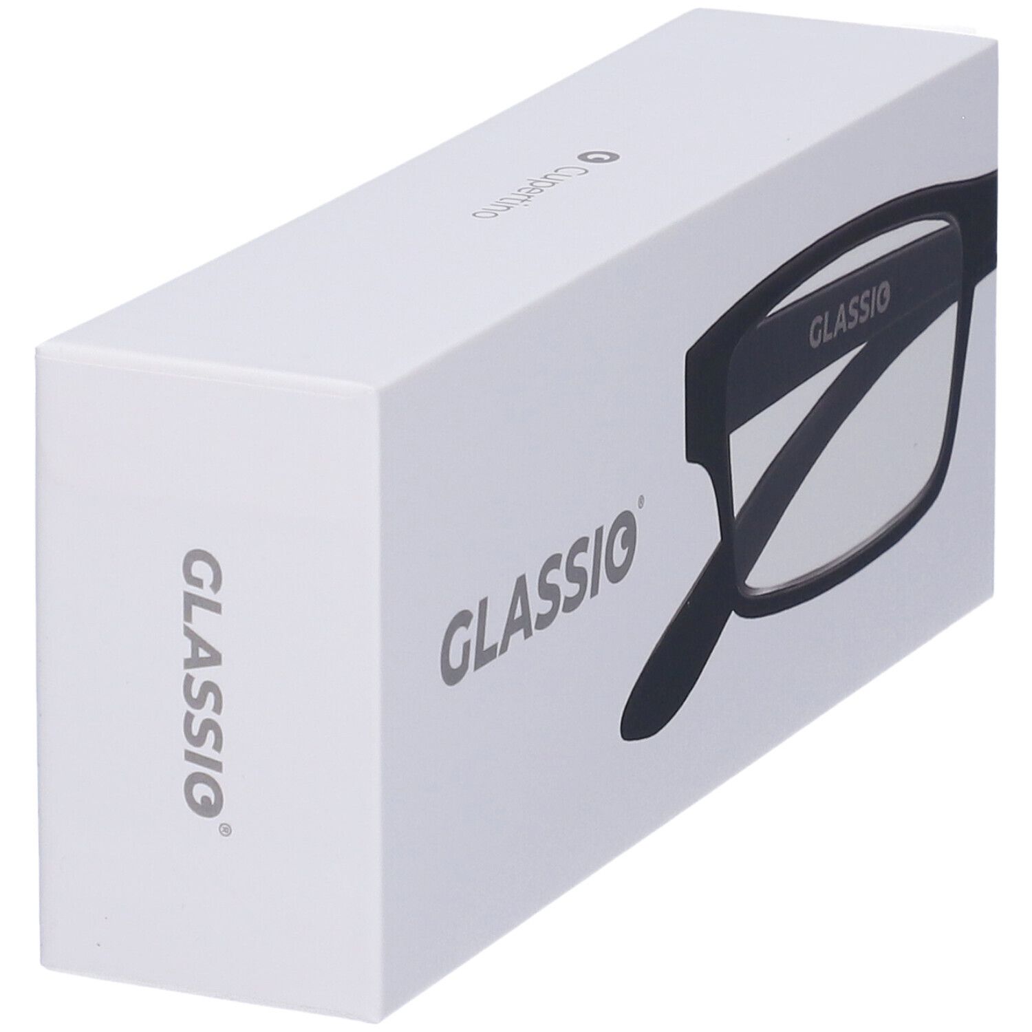 Confezione bianca con occhiali neri. Sulla confezione è stampato "GLASSIO".