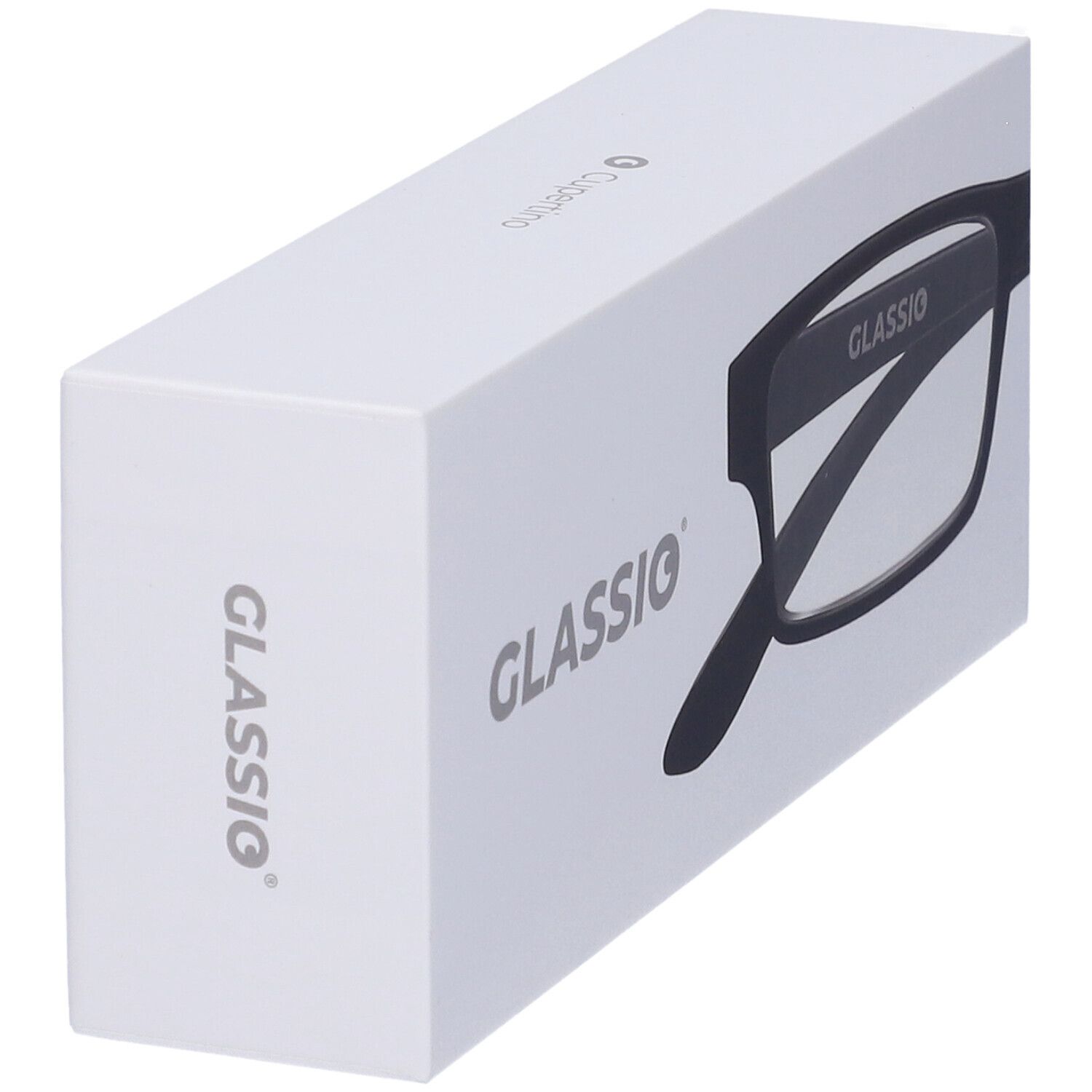 Confezione bianca con il nome "GLASSIO" in grigio. Parte degli occhiali neri è visibile.