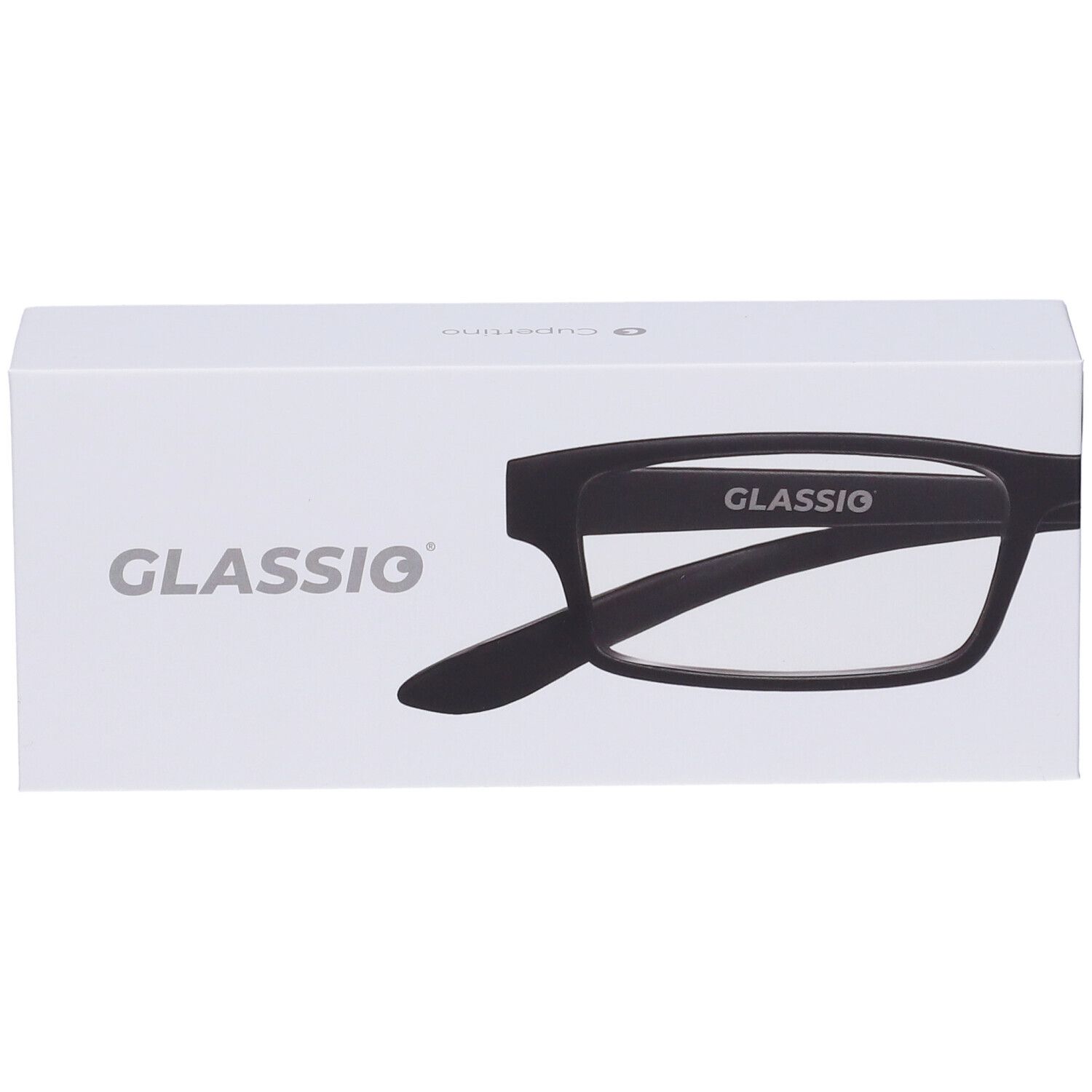 Confezione bianca con il nome "GLASSIO" e parte degli occhiali neri. Sugli occhiali c'è scritto "GLASSIO".