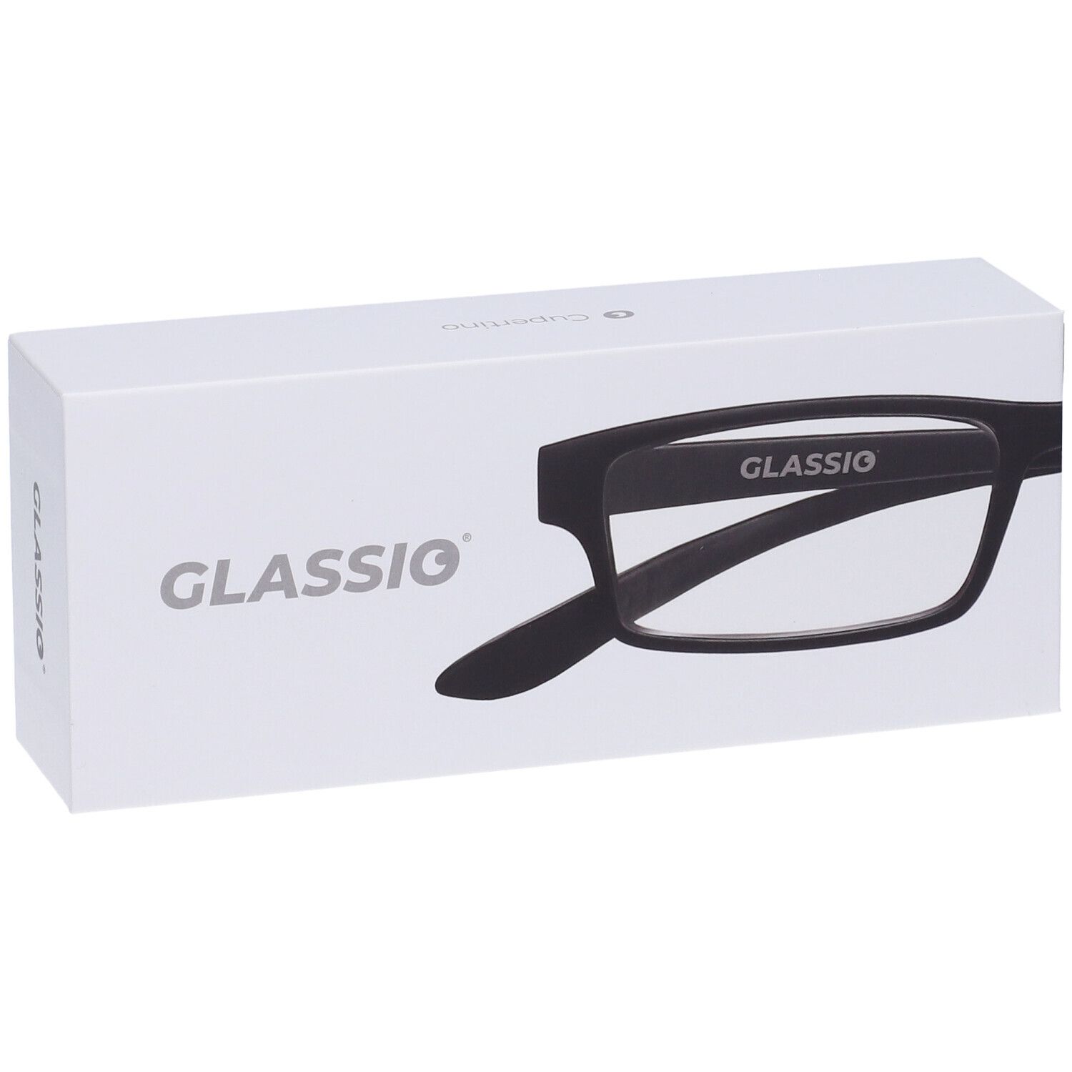 Confezione bianca con il nome "GLASSIO" in grigio e parte degli occhiali neri.