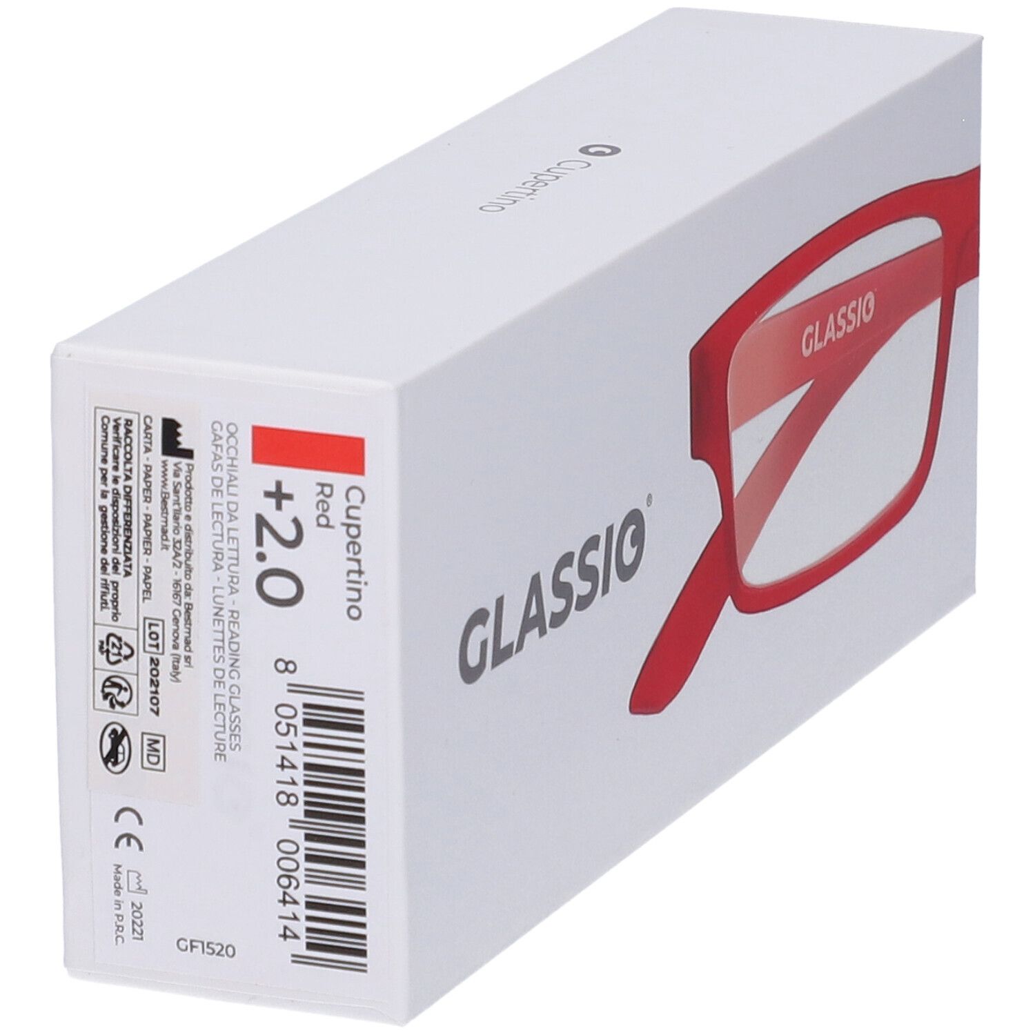 Confezione bianca con occhiali rossi GLASSio. +2.0 è scritto sulla confezione. Codice a barre e altre informazioni.