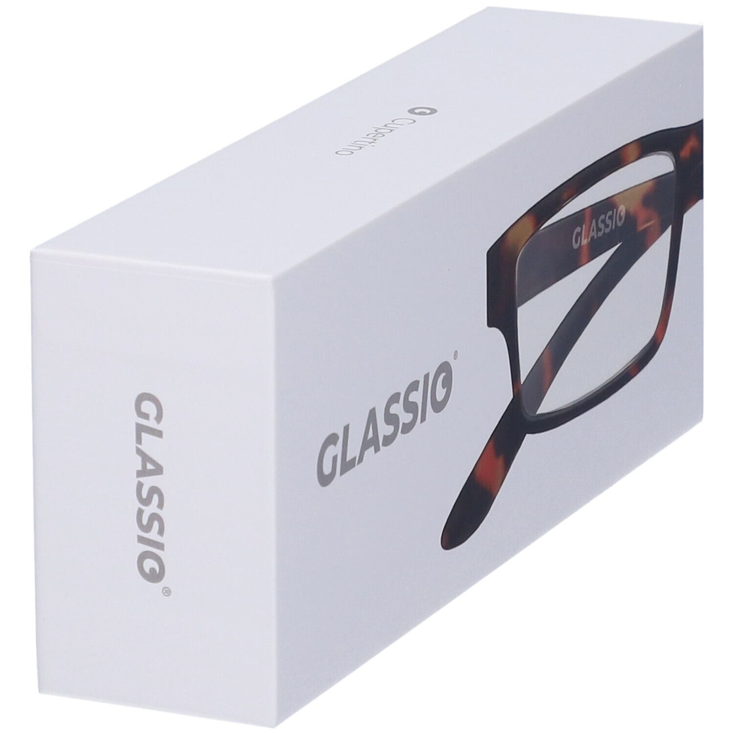 Confezione bianca con occhiali tartarugati. Il marchio "GLASSIO" è visibile.