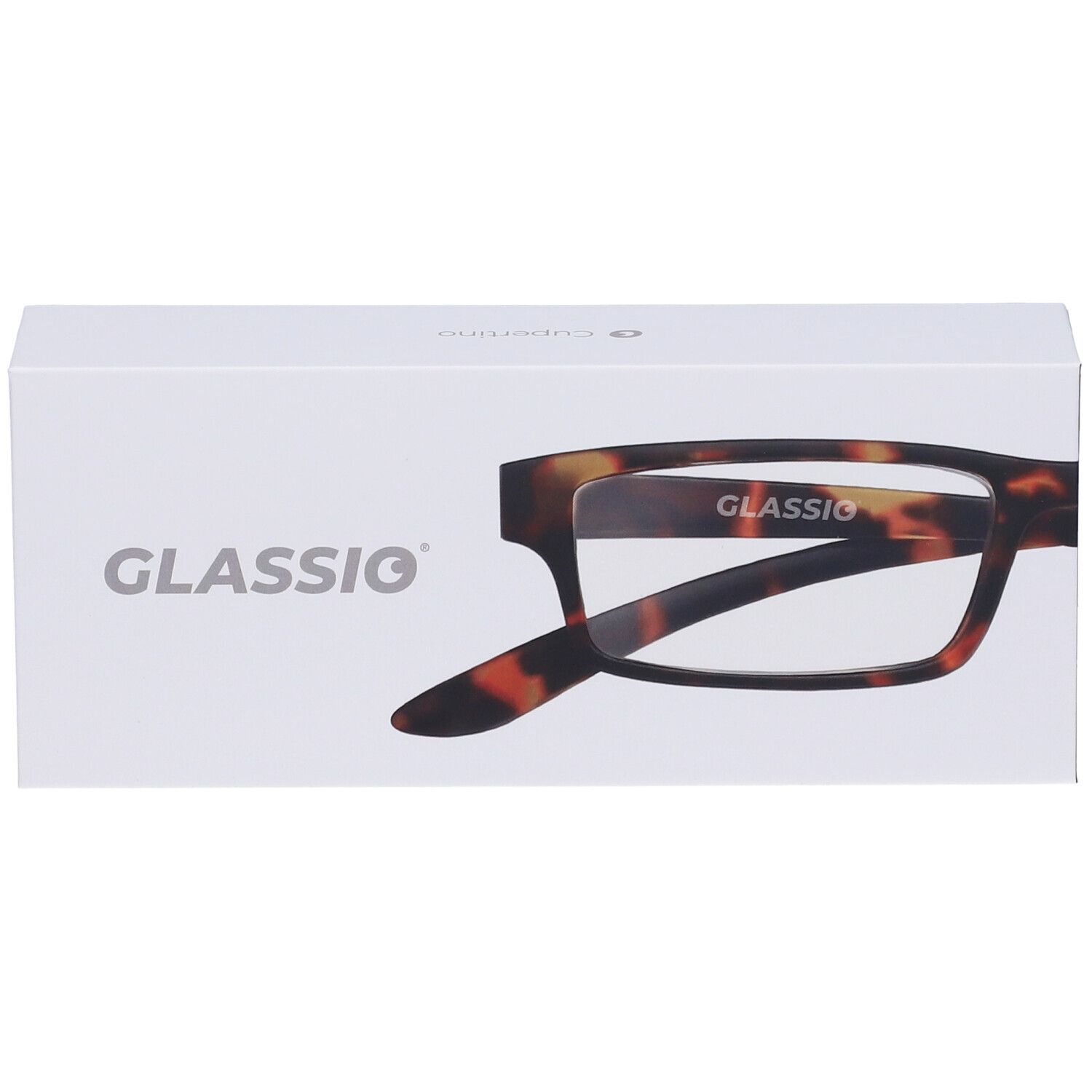 Confezione bianca con occhiali tartarugati. Il marchio "GLASSIO" è visibile.