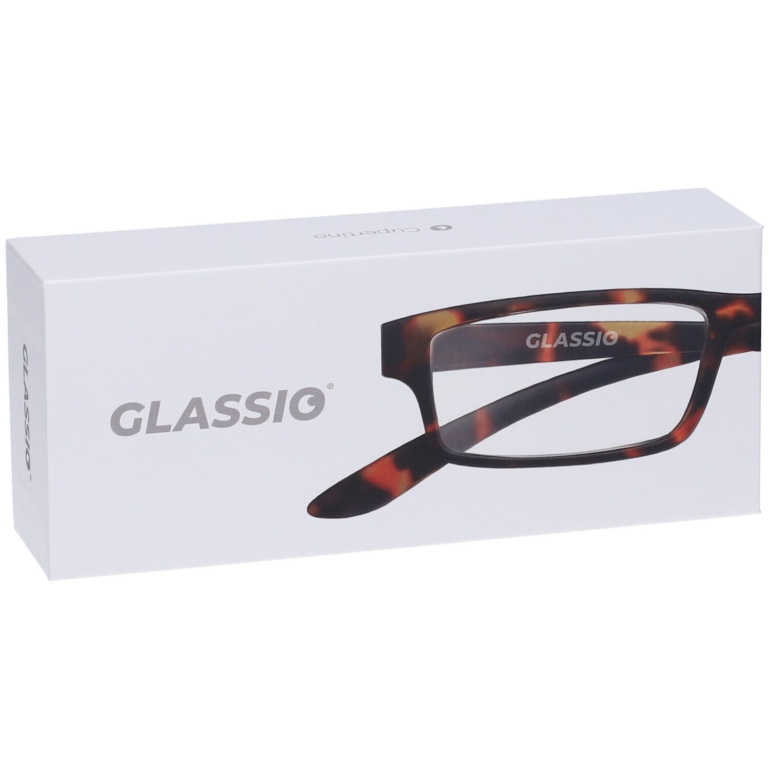 Confezione bianca con occhiali tartarugati. Il marchio "GLASSIO" è visibile.