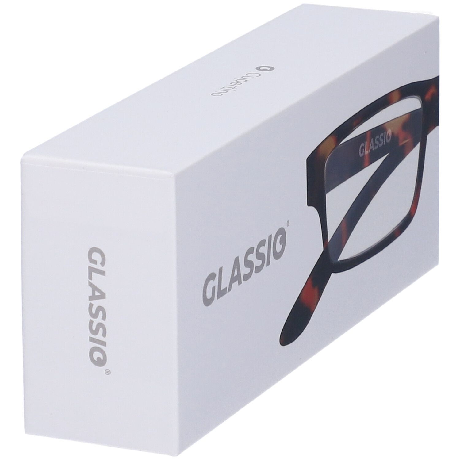 Confezione bianca con scritta Glassio. Modello di occhiali con motivo tartarugato parzialmente visibile.