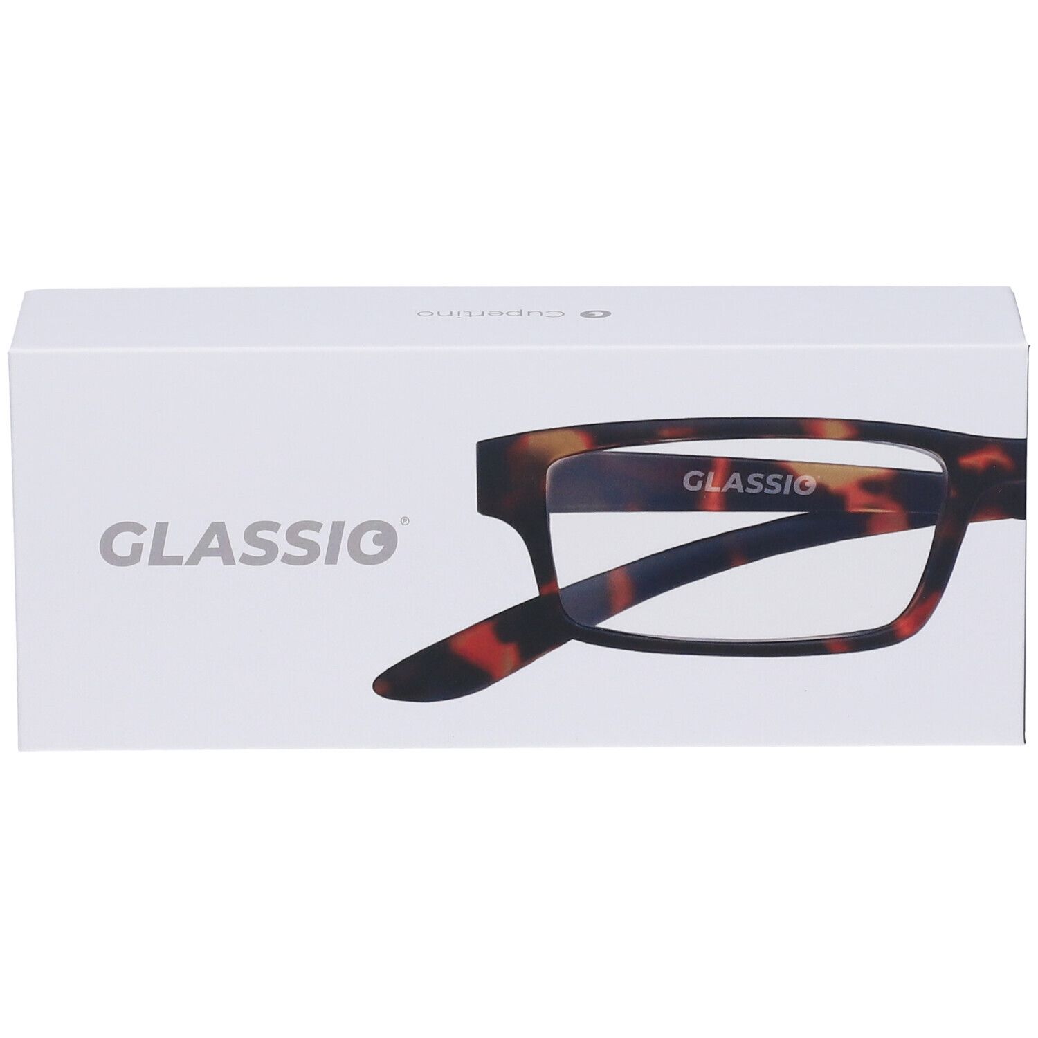 Confezione bianca con scritta Glassio e occhiali con motivo tartarugato. Sugli occhiali c'è scritto Glassio.