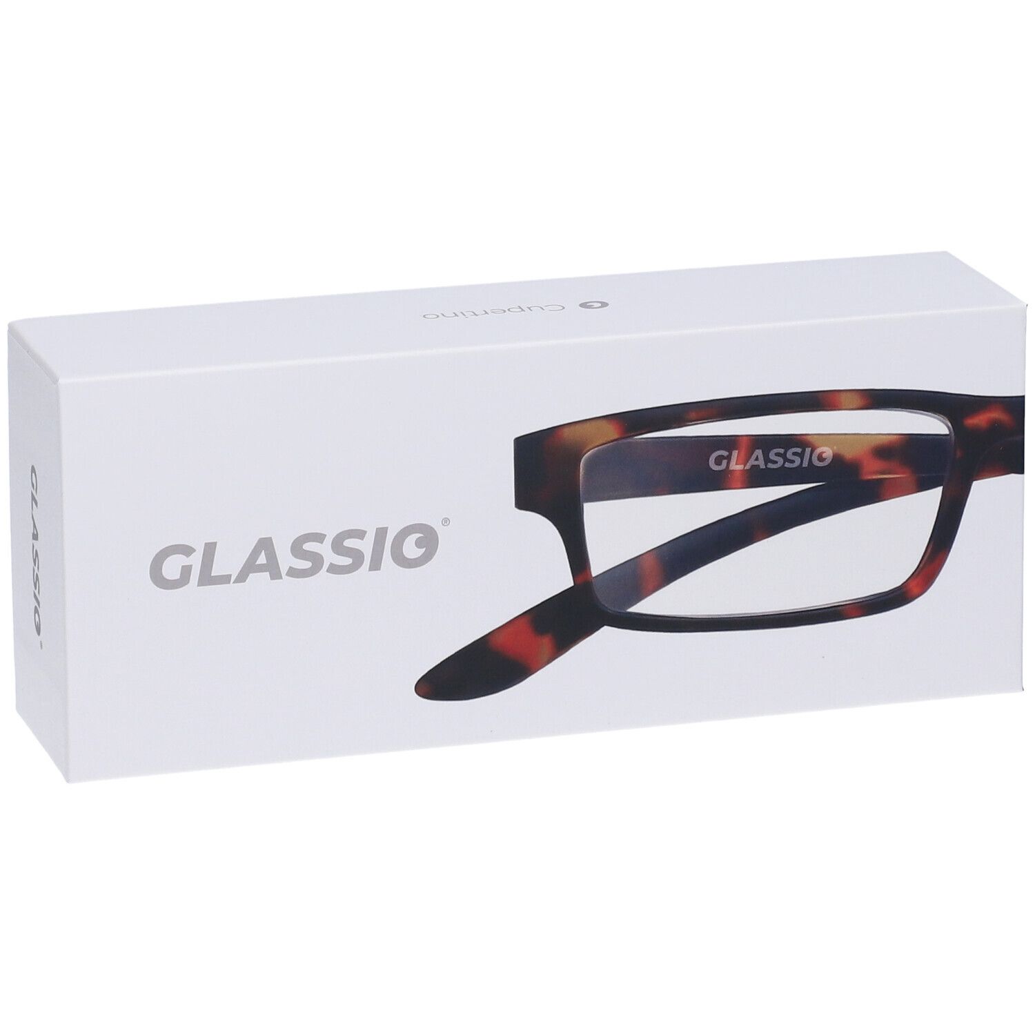 Confezione bianca con scritta Glassio e occhiali con motivo tartarugato. Sugli occhiali c'è scritto Glassio.