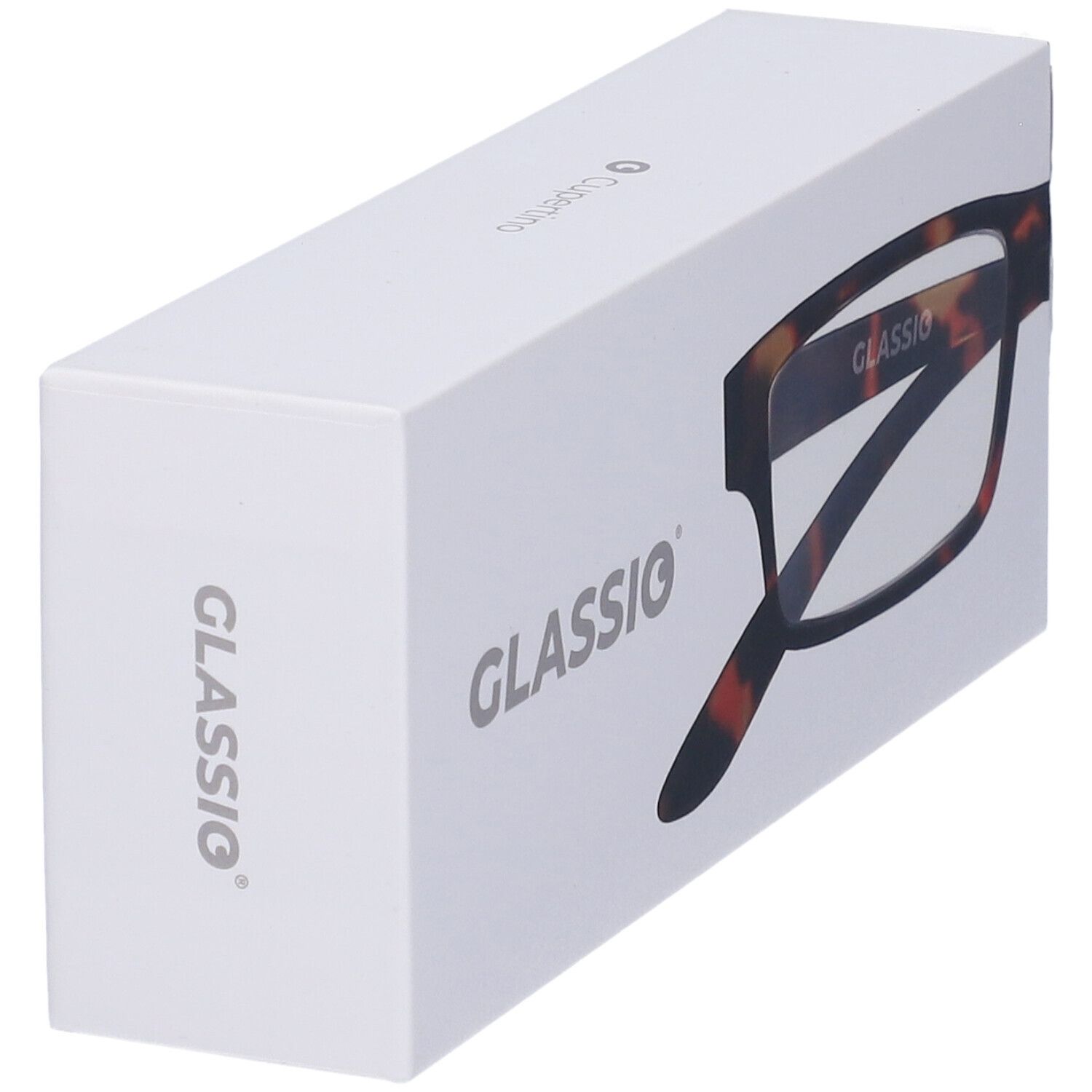 Confezione bianca con occhiali. Sulla confezione è visibile la scritta "GLASSiO".