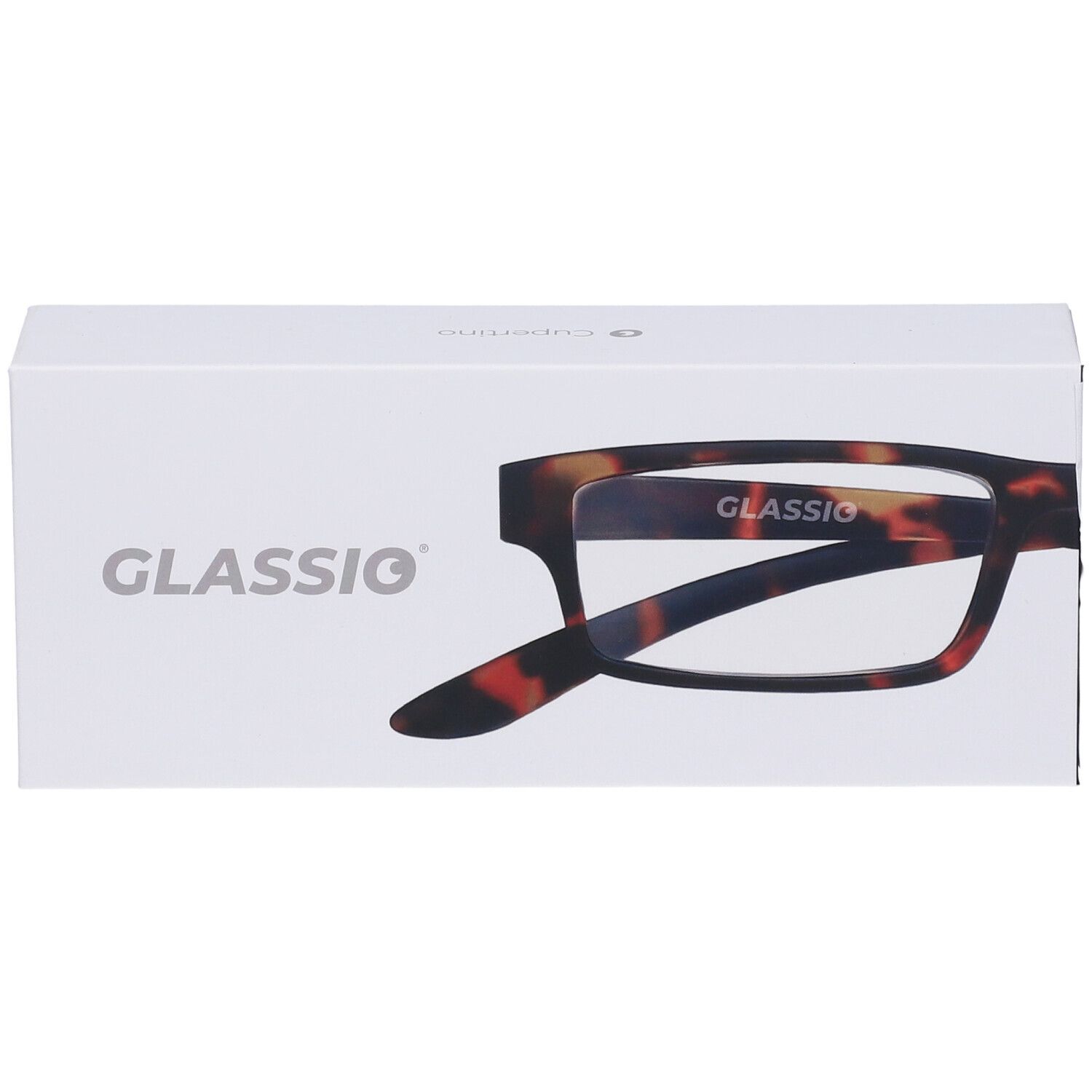 Confezione bianca con occhiali. Sulla confezione è visibile la scritta "GLASSiO" e una montatura.