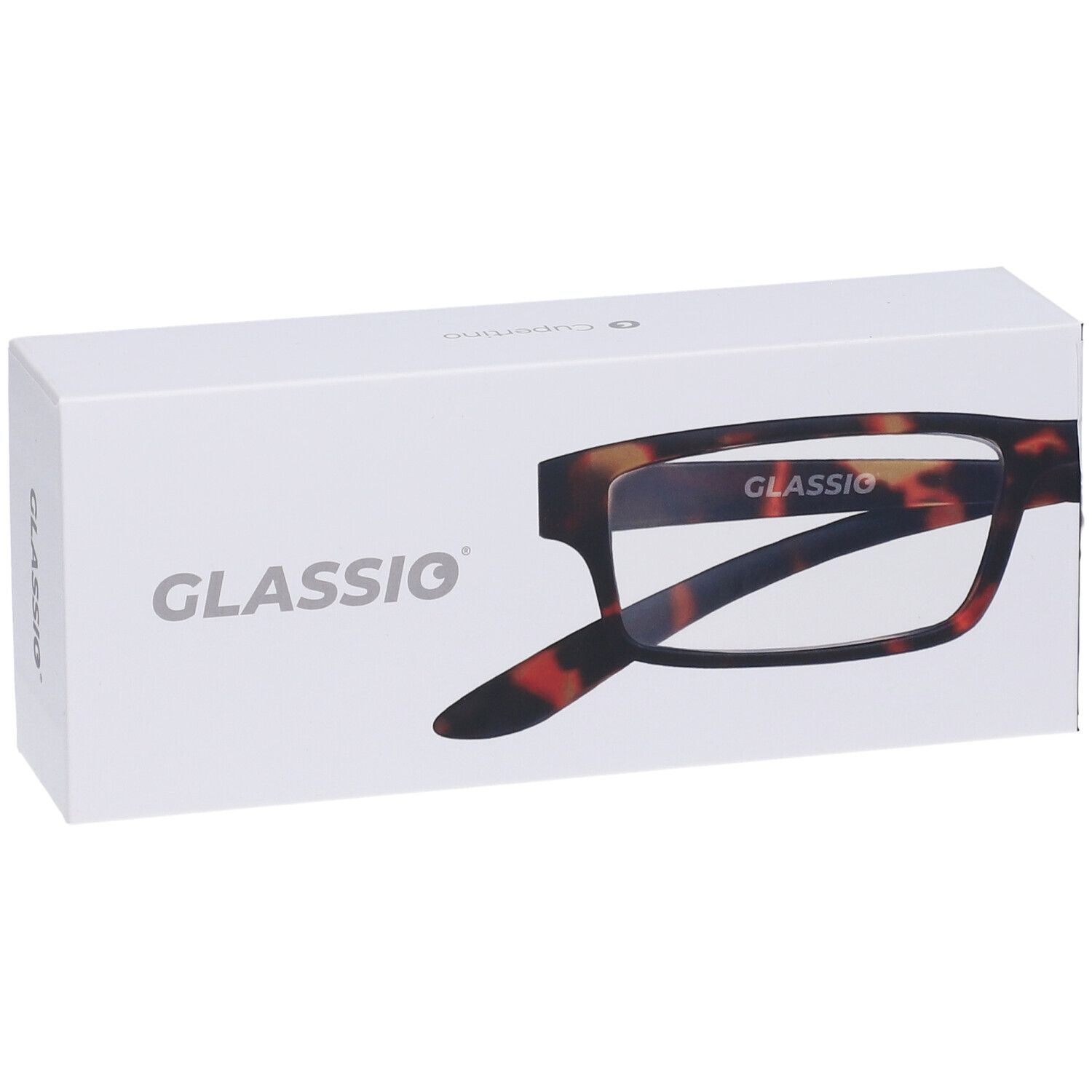 Confezione bianca con occhiali. Sulla confezione è visibile la scritta "GLASSiO" e una montatura.