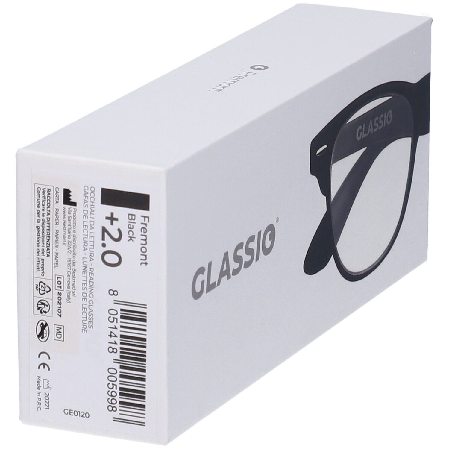 Confezione bianca con occhiali e informazioni prodotto. Testo: "Fremont Black +2.0".