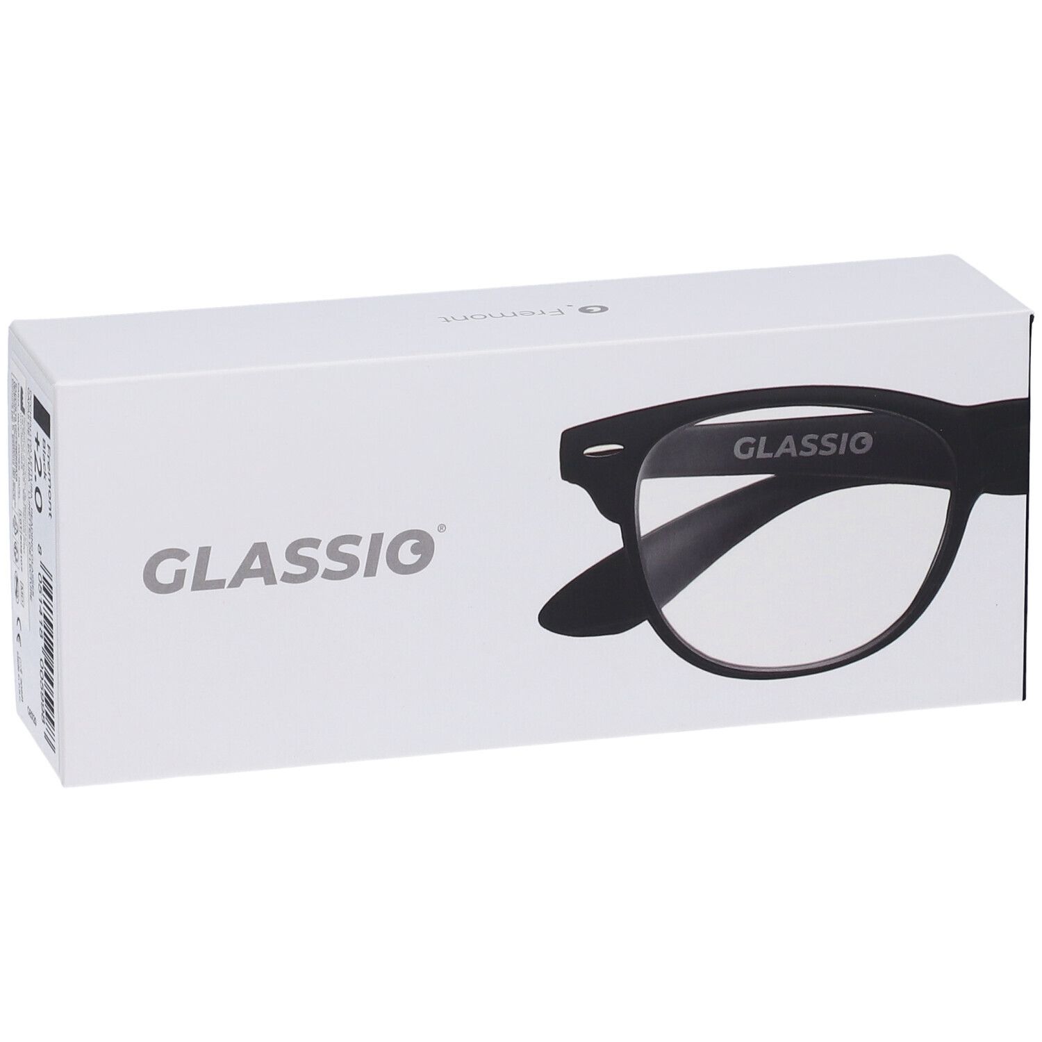 Confezione bianca con immagine di occhiali. "GLASSio" è scritto sulla confezione.