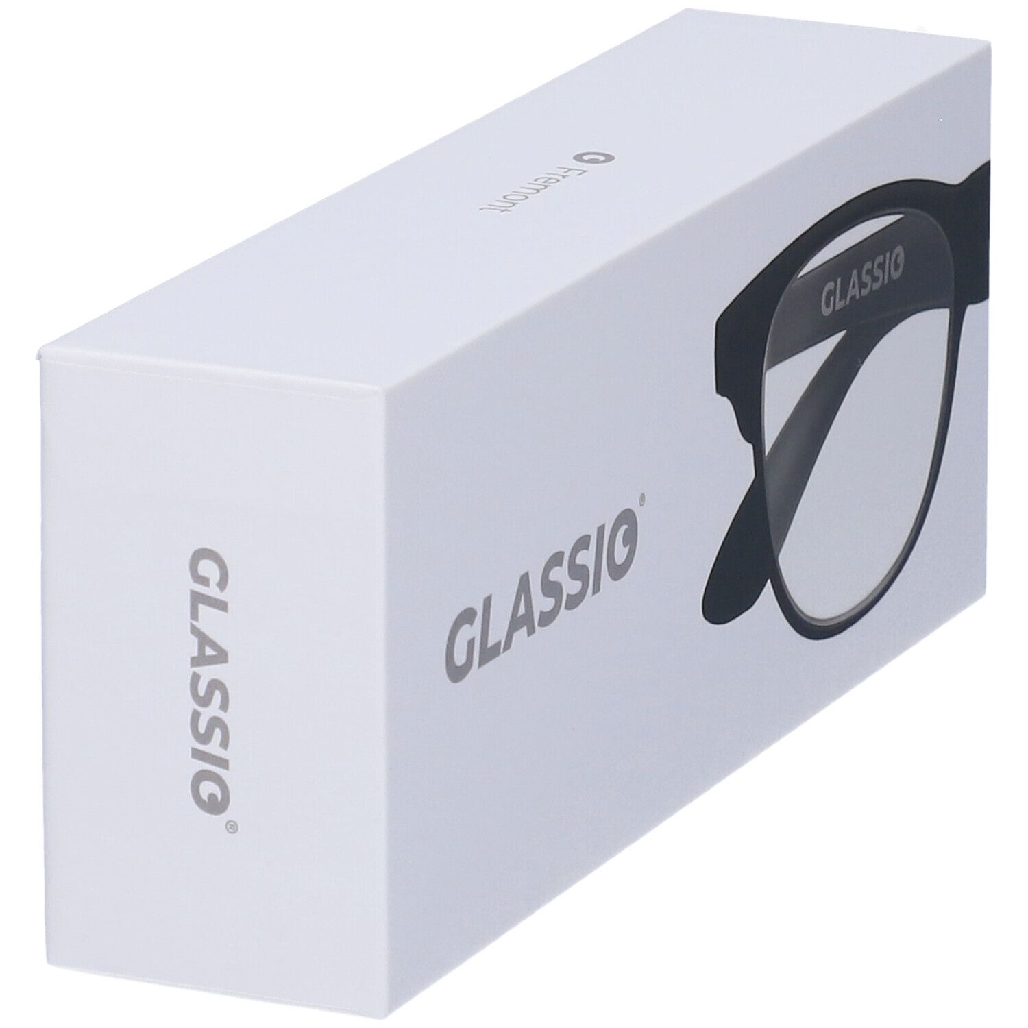 Confezione bianca con logo Glassio e immagine di occhiali. Marchio Glassio stampato.