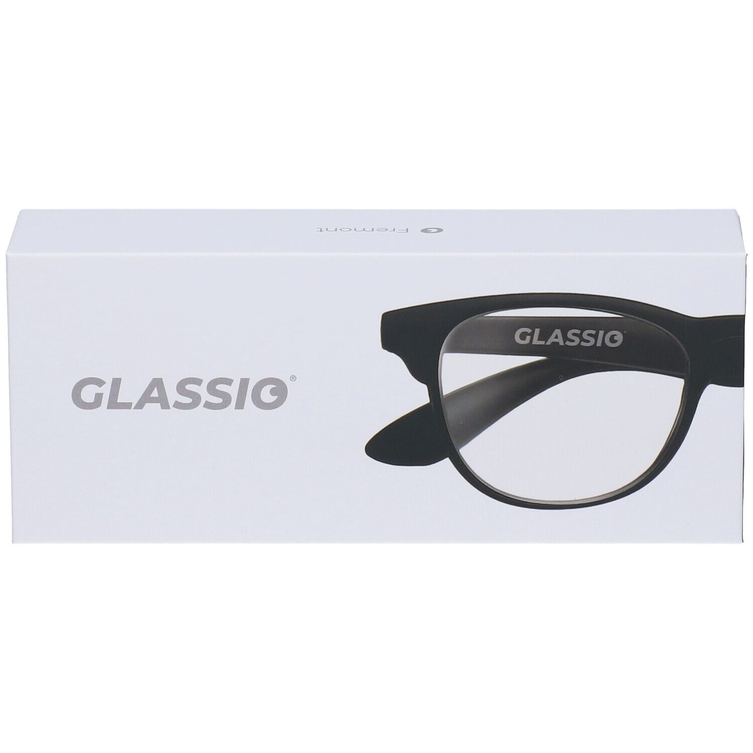 Confezione bianca con immagine di occhiali e logo Glassio. Marchio Glassio stampato.